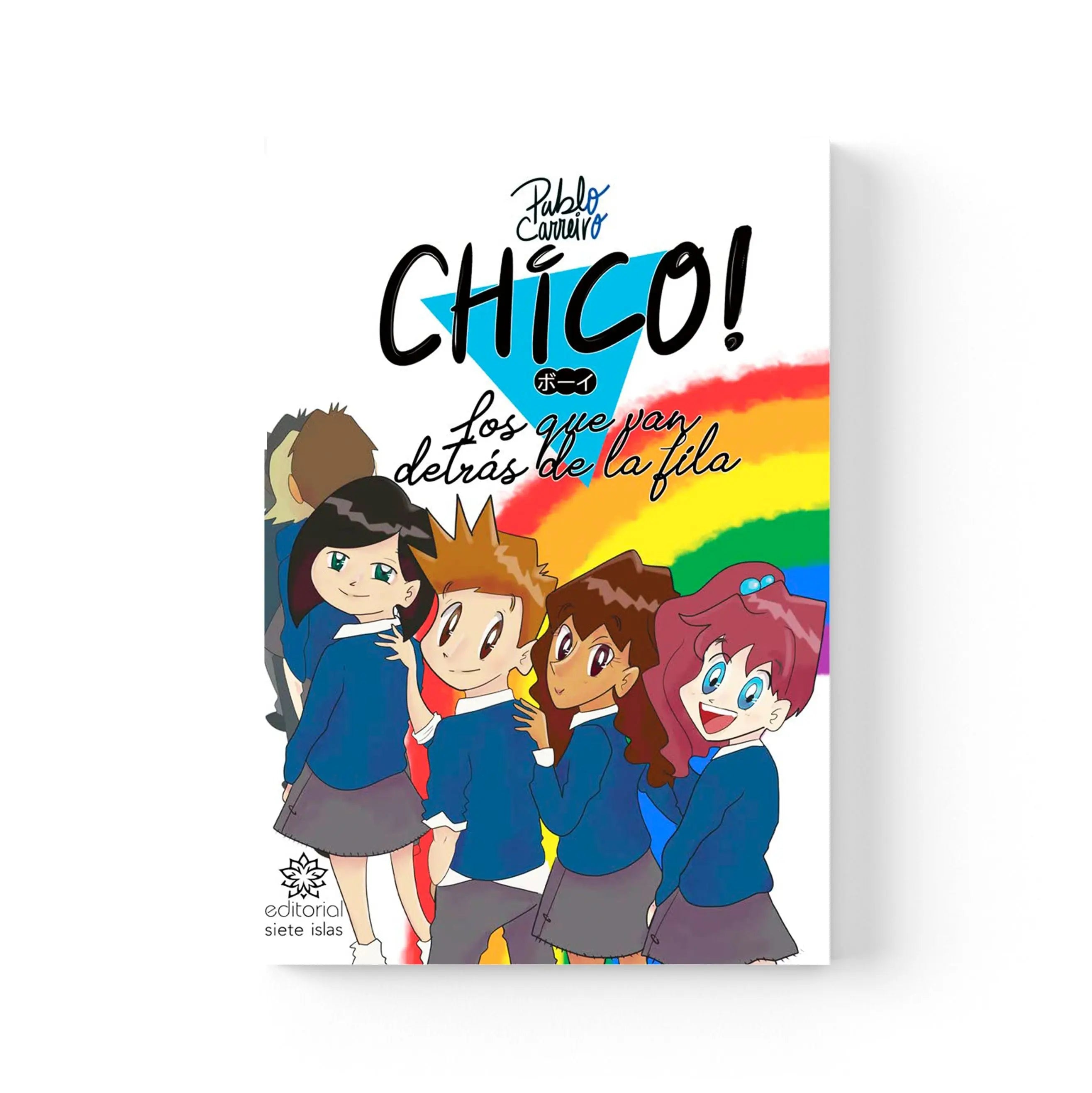 Un libro con una ilustración de estilo manga de cinco jóvenes estudiantes.
