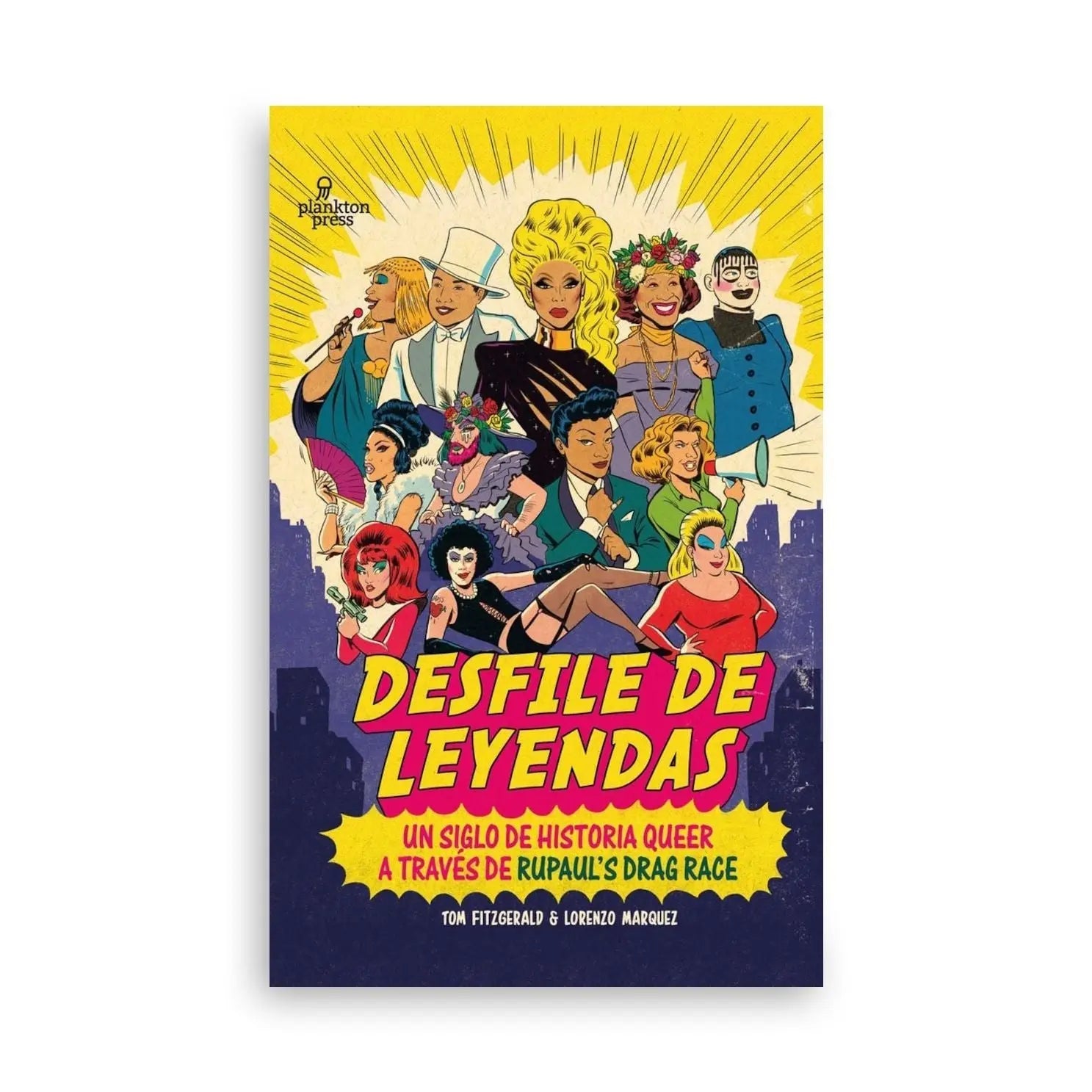 Un libro con una ilustración de estilo cómic de drag queens y figuras queer.
