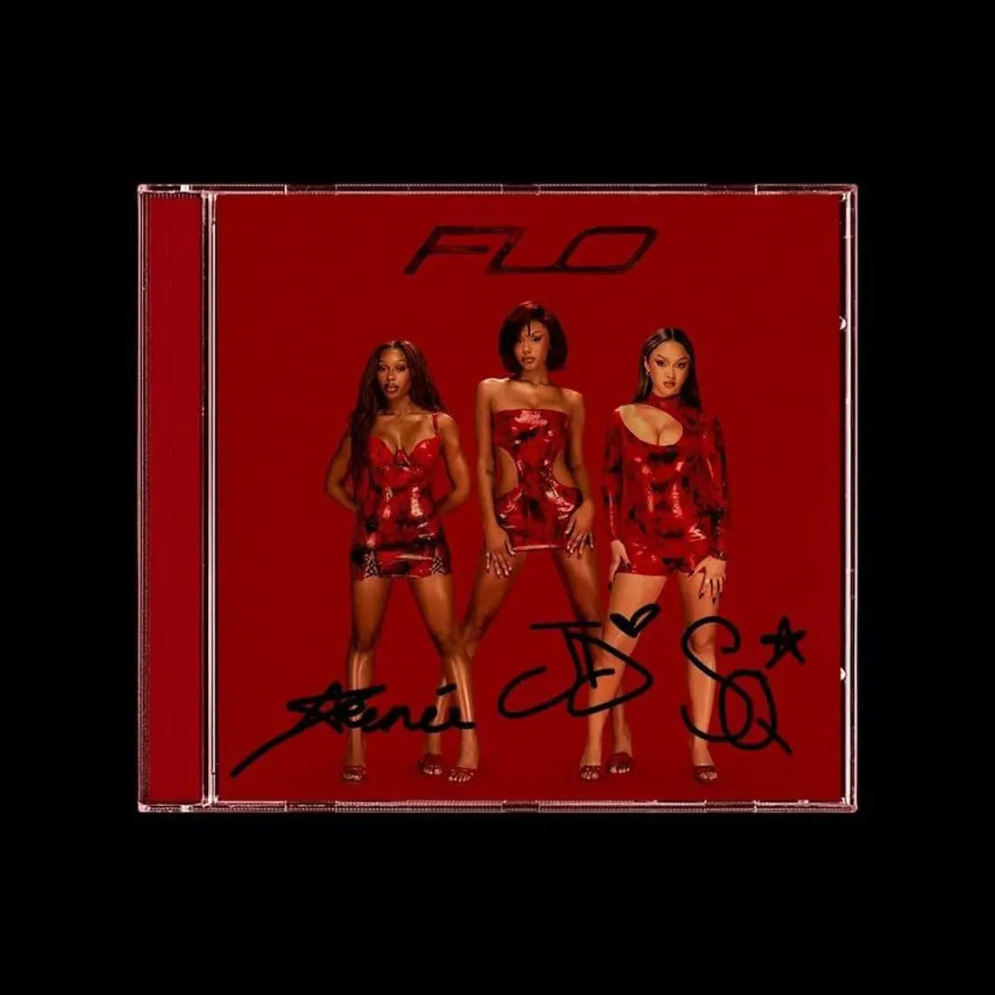 Un CD firmado de FLO con tres mujeres en vestidos rojos sobre un fondo rojo.