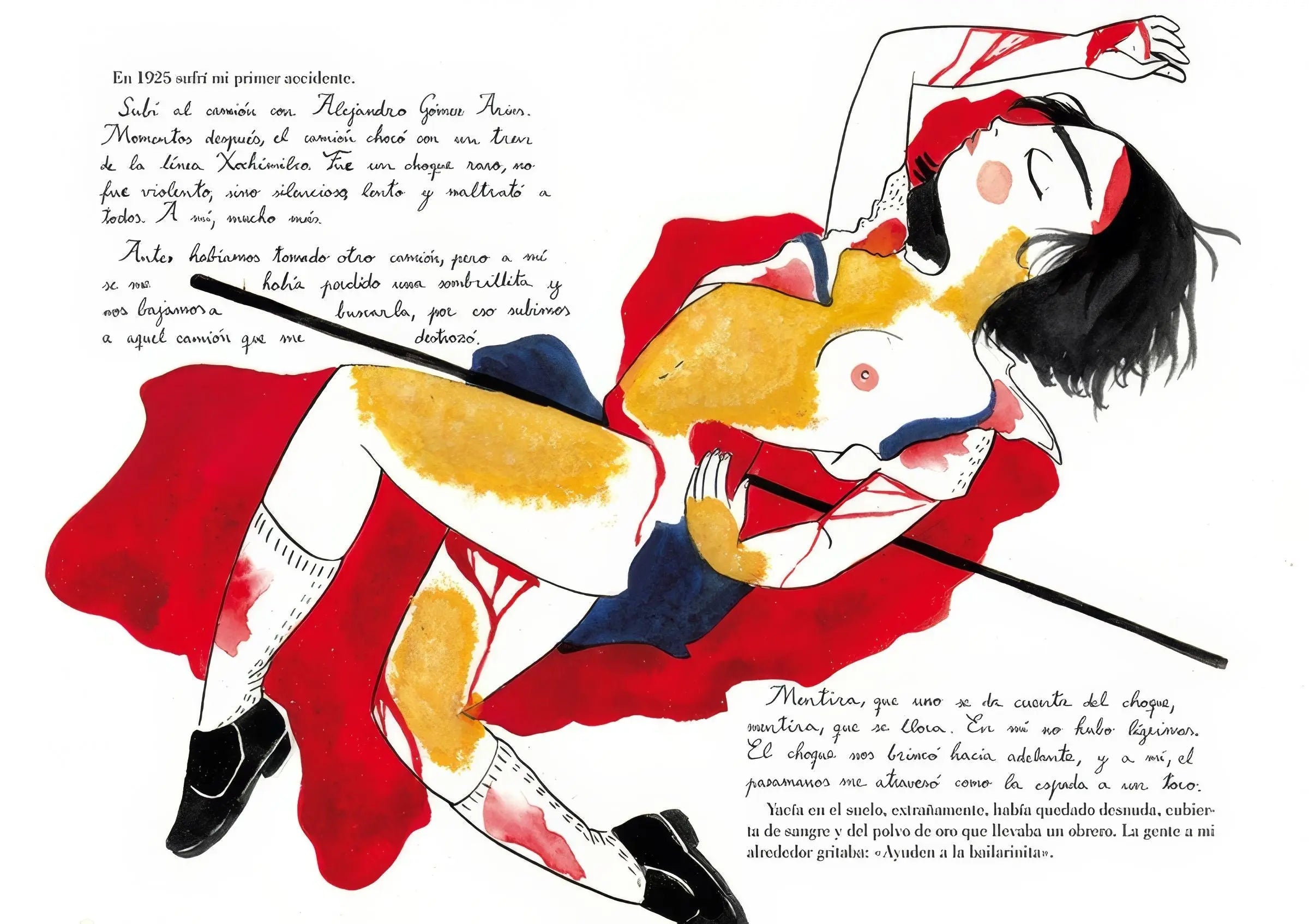 Ilustración de Frida Kahlo herida, con texto manuscrito en español.