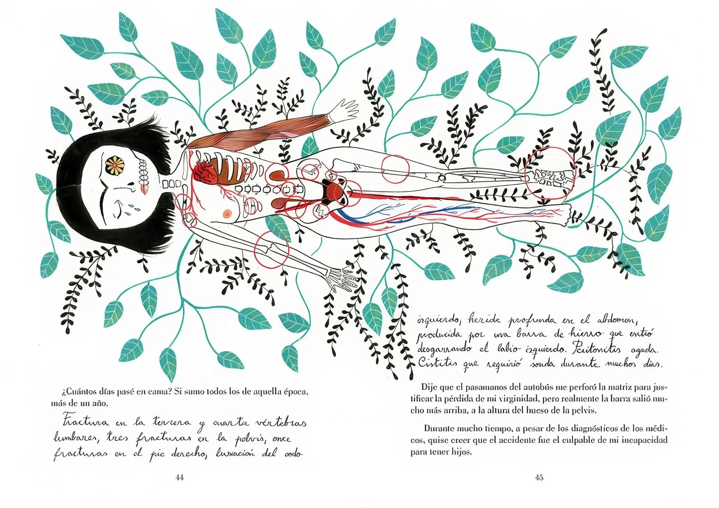Una ilustración de Frida Kahlo acostada, con su esqueleto y órganos visibles, rodeada de plantas.