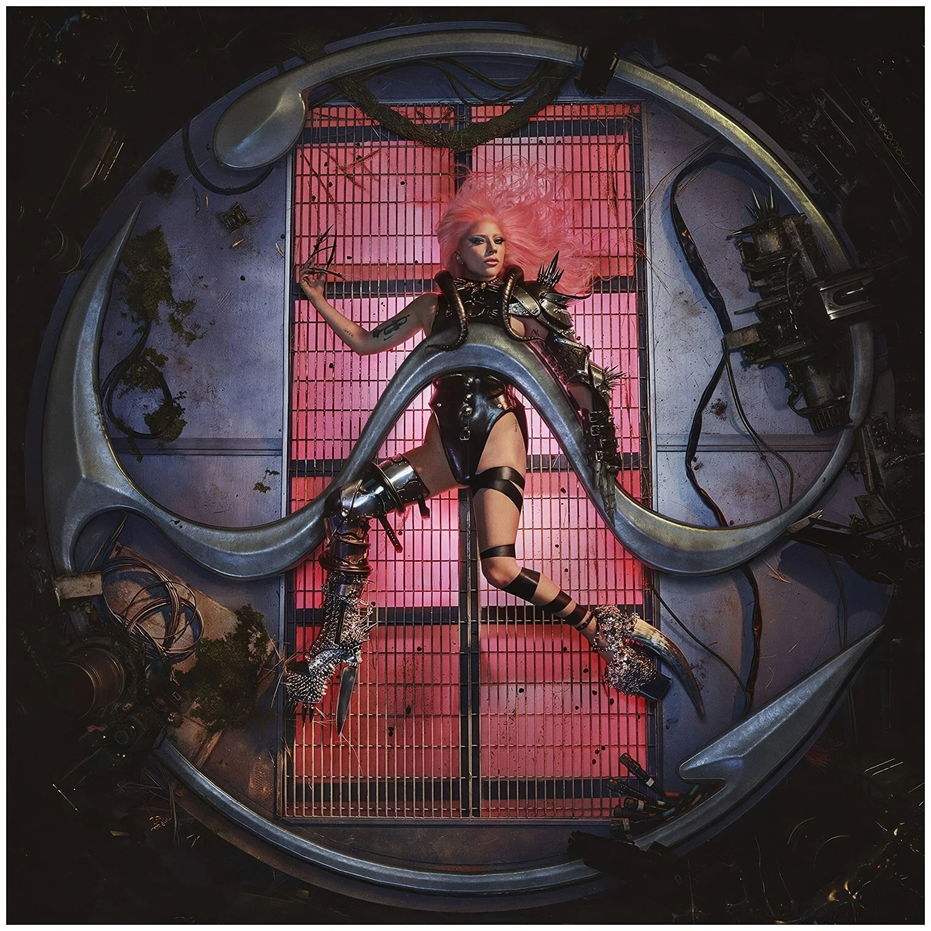 Lady Gaga in a futuristic outfit with pink hair, surrounded by metallic structures.