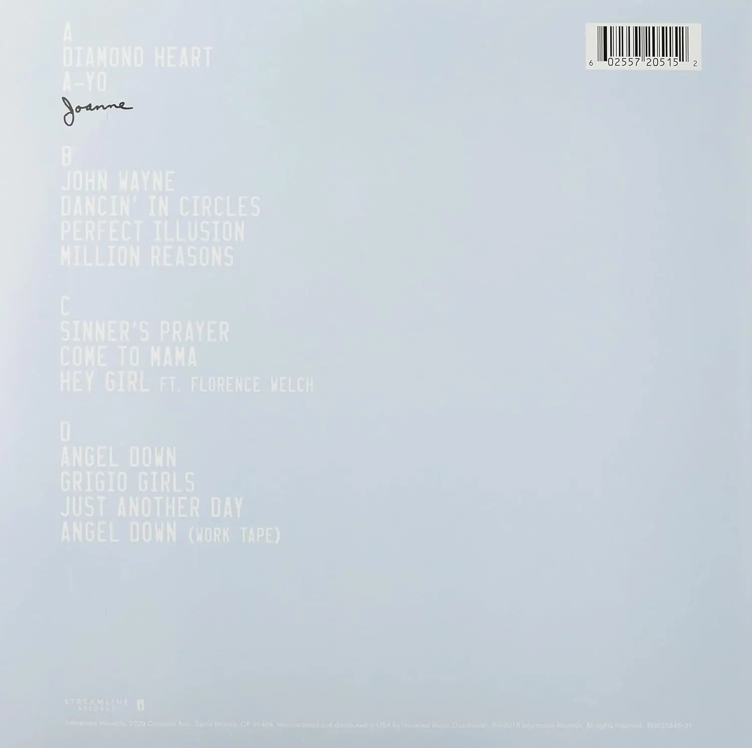 Lista de canciones del álbum "Joanne" de Lady Gaga en un vinilo doble.