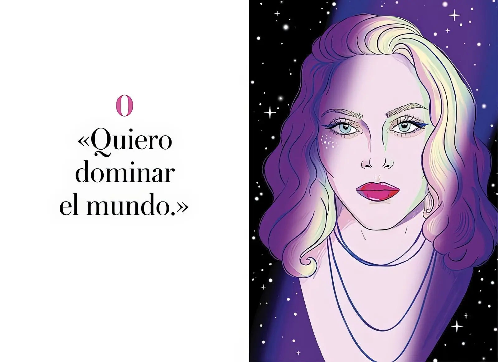 Ilustración de Madonna con cabello ondulado y un texto que dice "Quiero dominar el mundo."