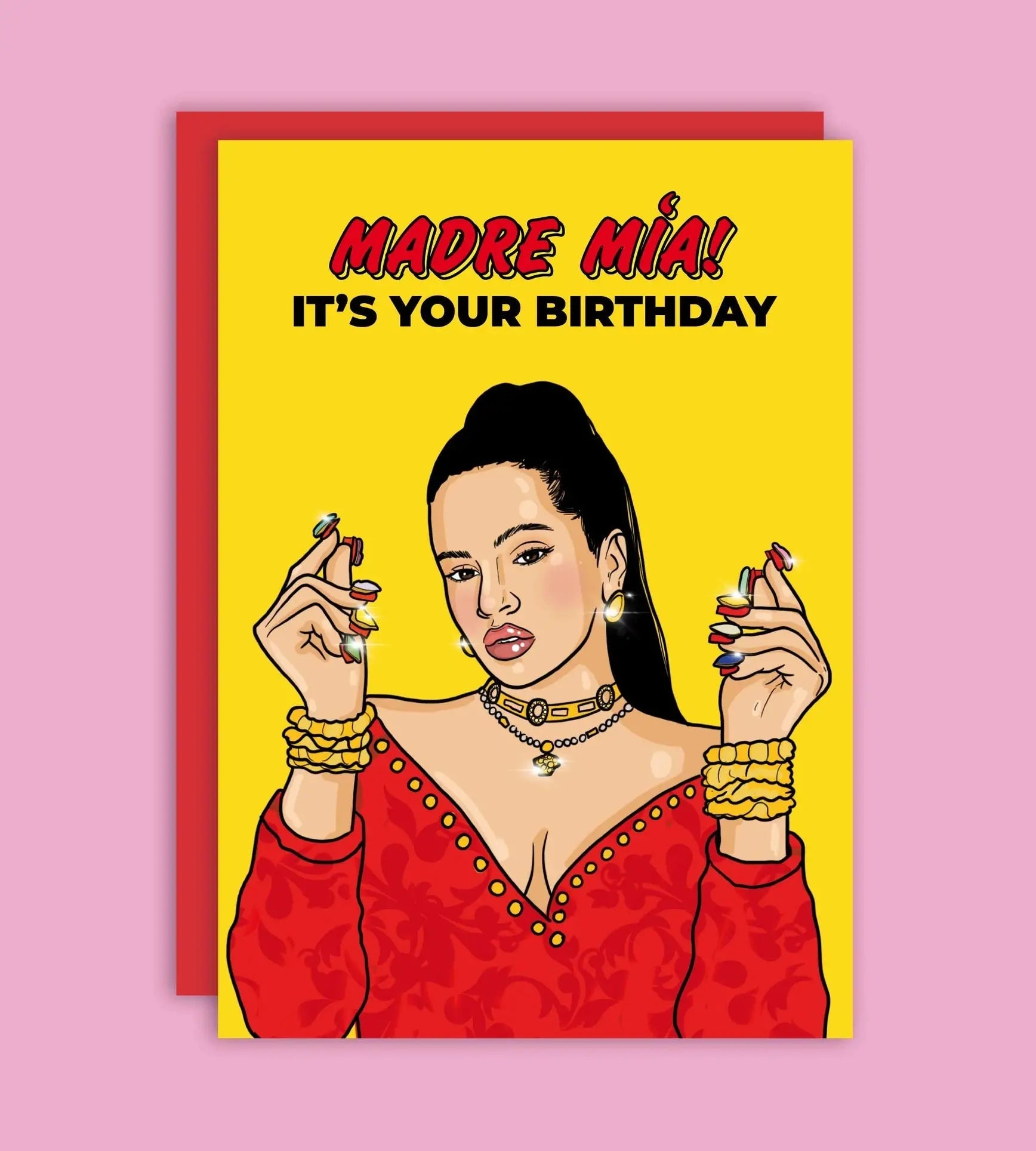 Tarjeta de cumpleaños amarilla con una ilustración de Rosalía y el texto "Madre Mía! It's Your Birthday".