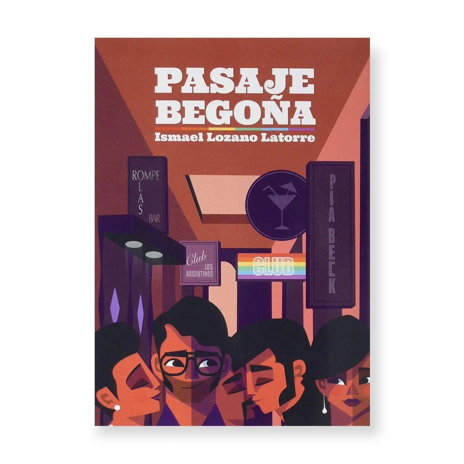 Una portada de libro con el título "Pasaje Begoña" y una ilustración de personas en un bar.