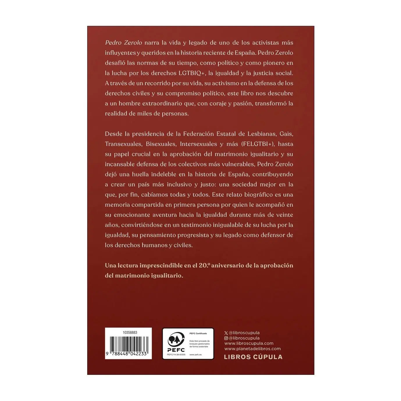 La contraportada de un libro con texto en español sobre Pedro Zerolo y logotipos de editoriales.