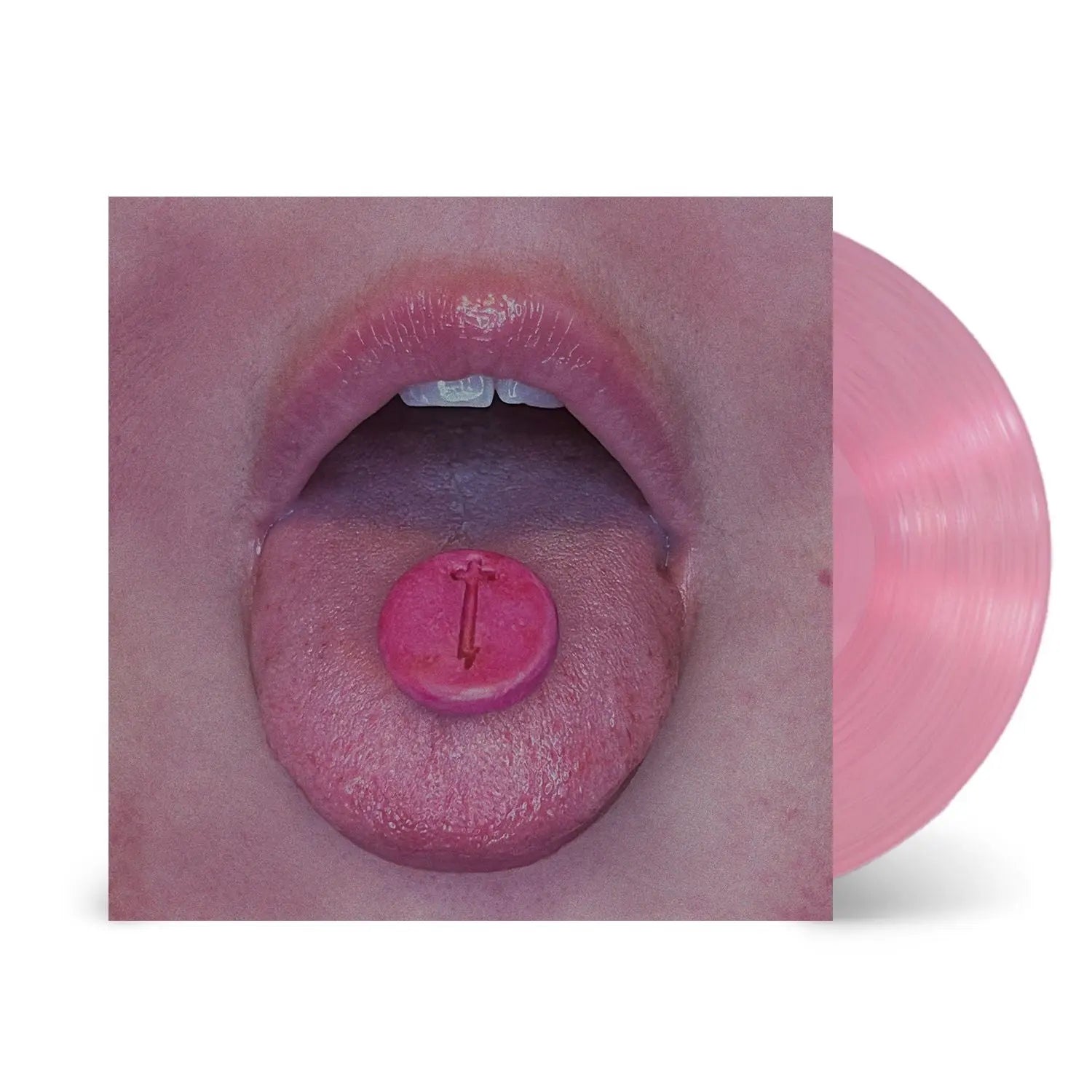 Vinilo rosa Putilatex Pasan DrogaDOS con una pastilla rosa en una lengua.
