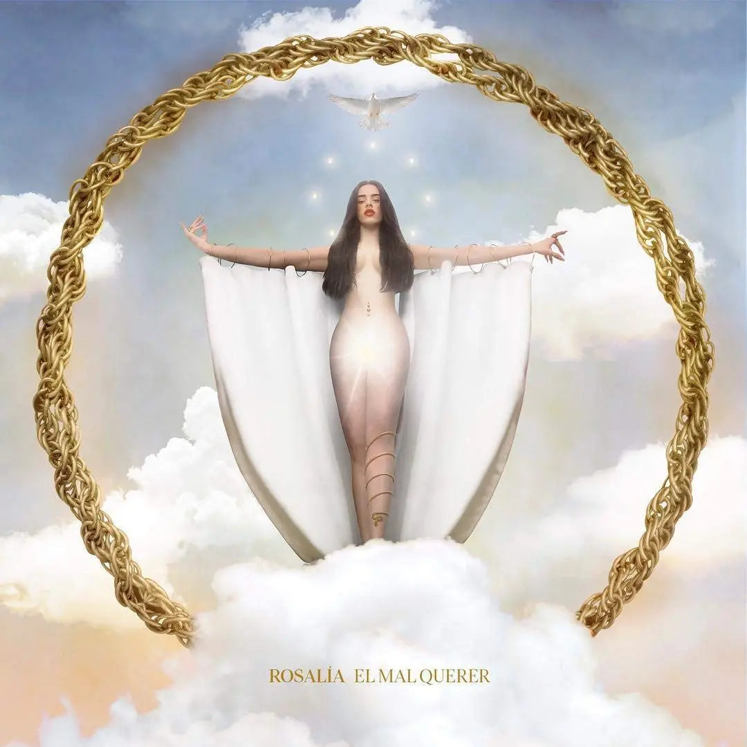 Rosalía en el cielo con una cadena dorada, un vestido blanco y una paloma.