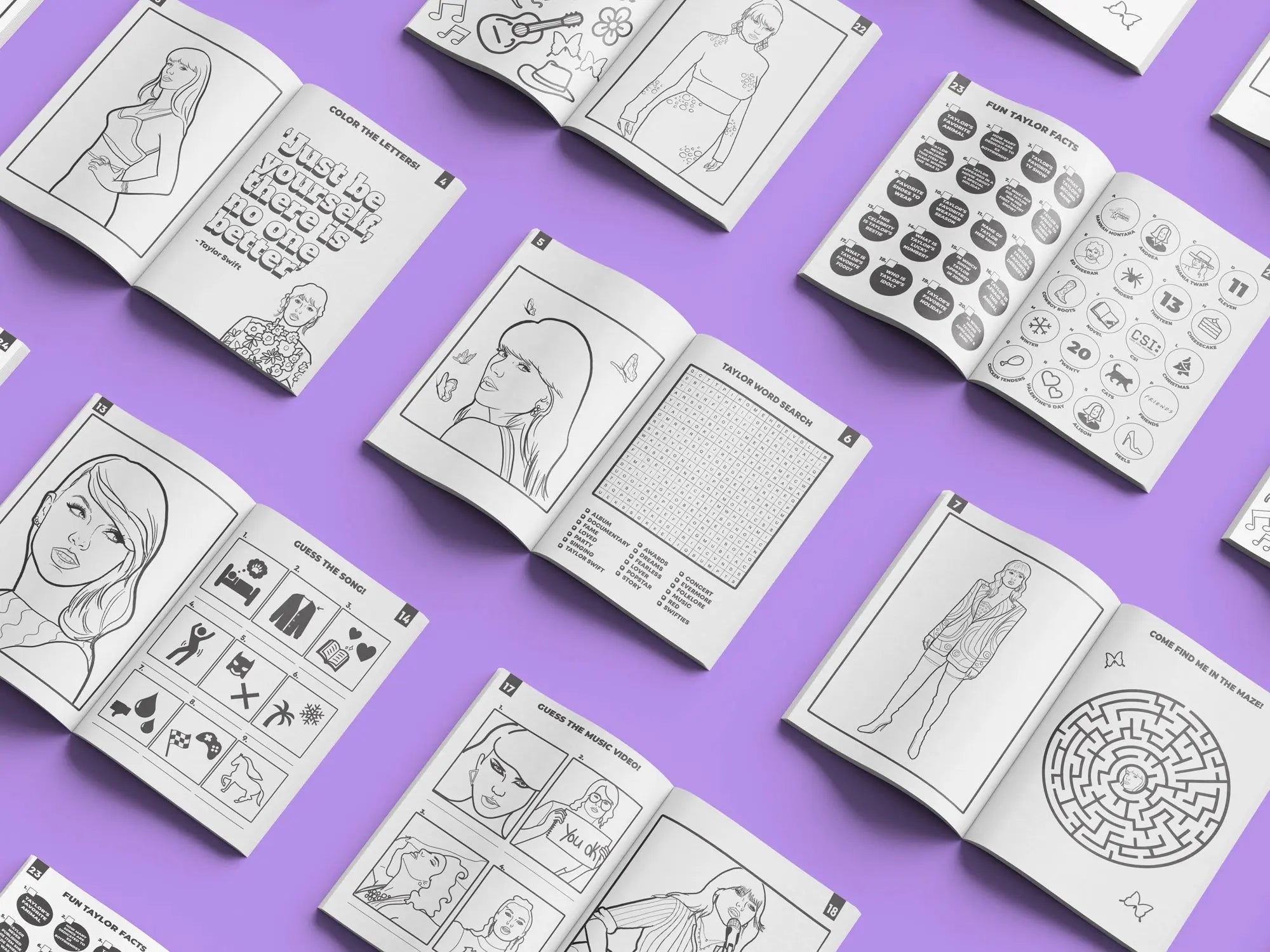 Libro de actividades de Taylor Swift abierto con páginas para colorear y rompecabezas.