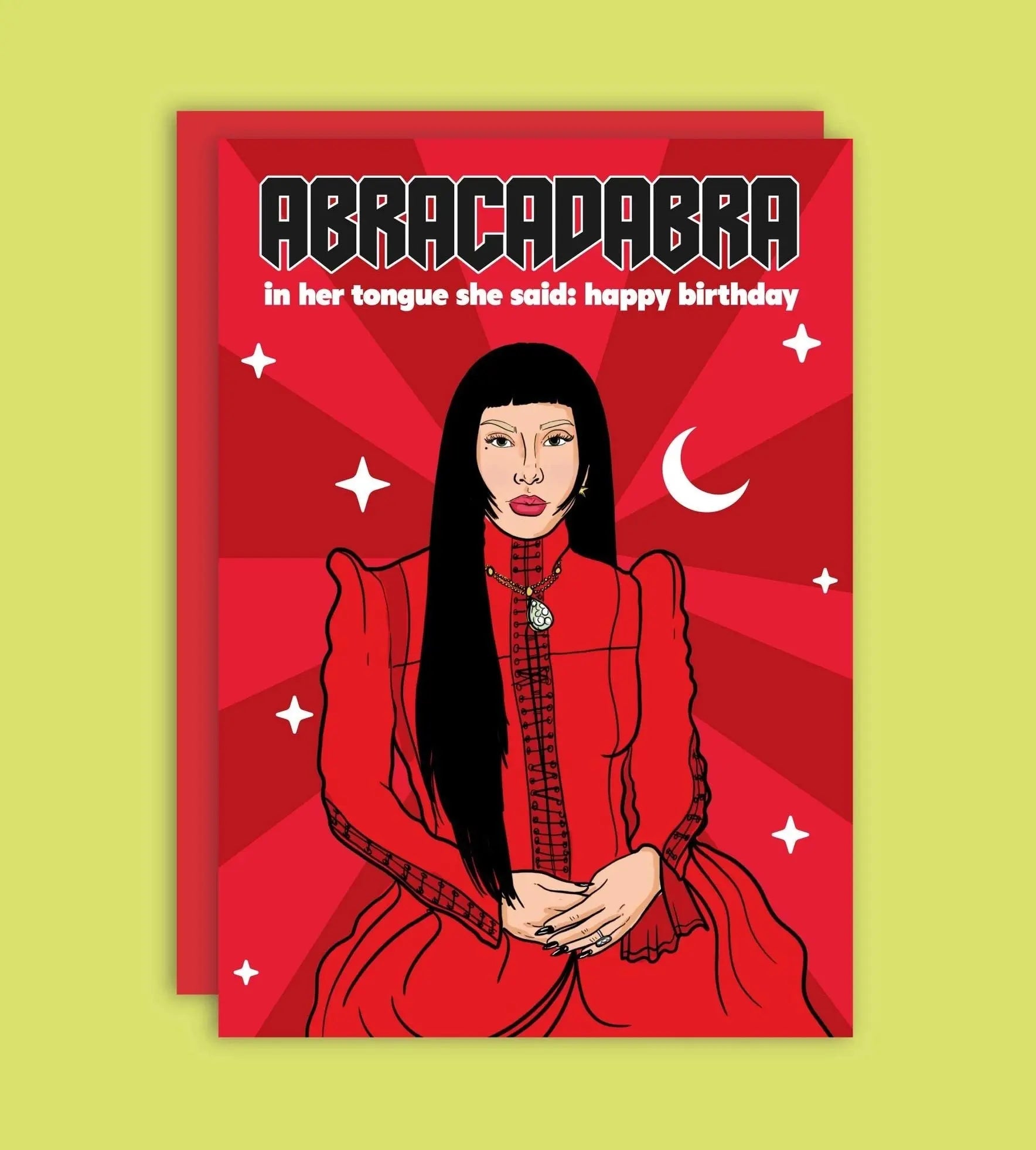 Tarjeta de felicitación de Lady Gaga con ilustración de la cantante en rojo.