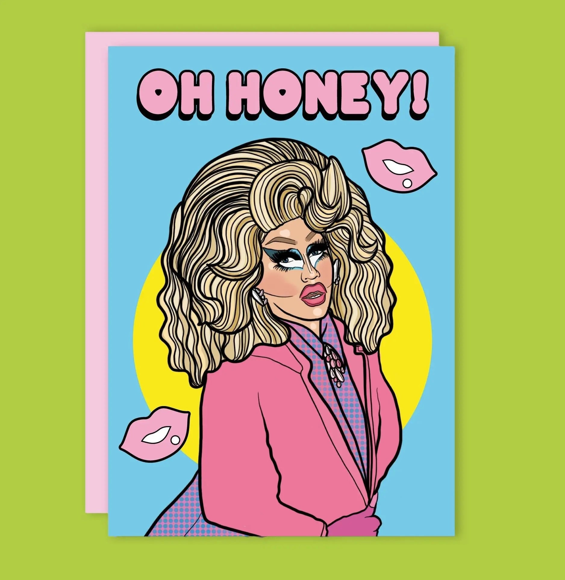 Tarjeta de felicitación de Trixie Mattel con la frase "OH HONEY!" y labios rosados.