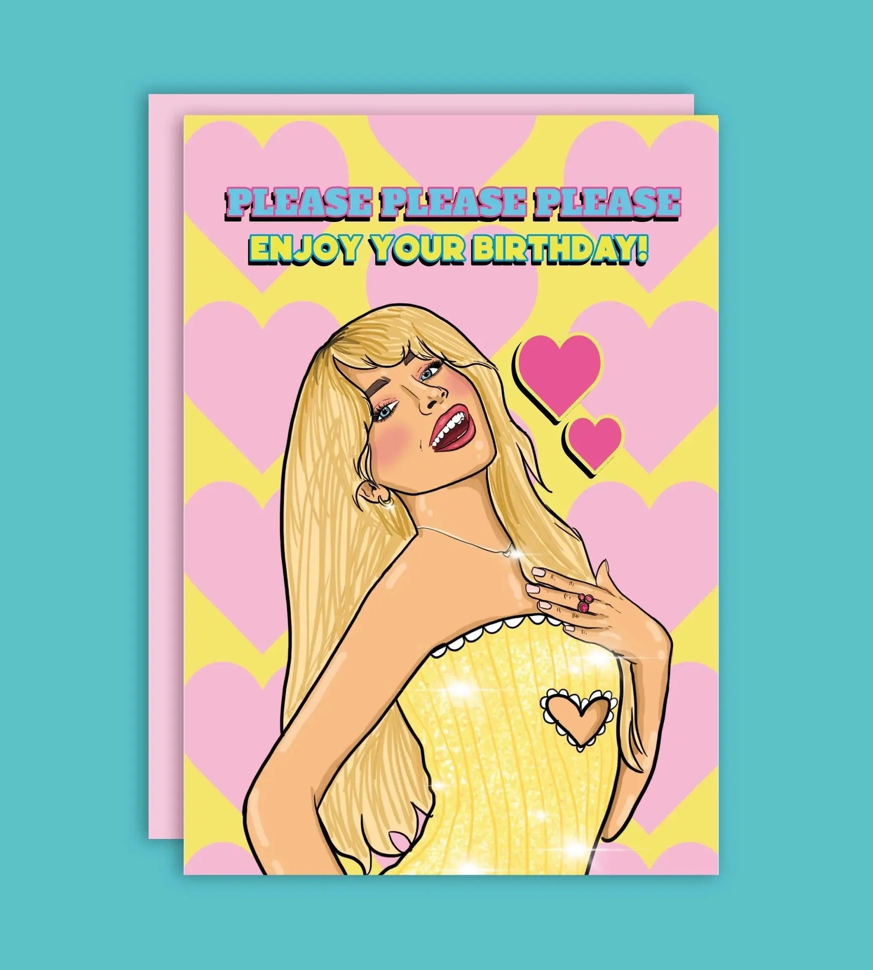 Tarjeta de cumpleaños de Sabrina Carpenter con la frase "PLEASE PLEASE PLEASE ENJOY YOUR BIRTHDAY!".