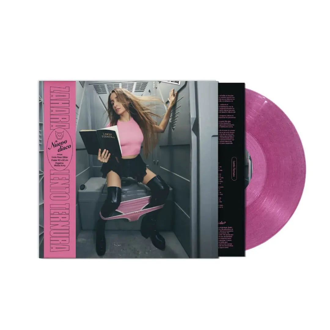 Zahara – Lento Ternura pink glitter vinyl LP with a woman reading in a portable toilet.