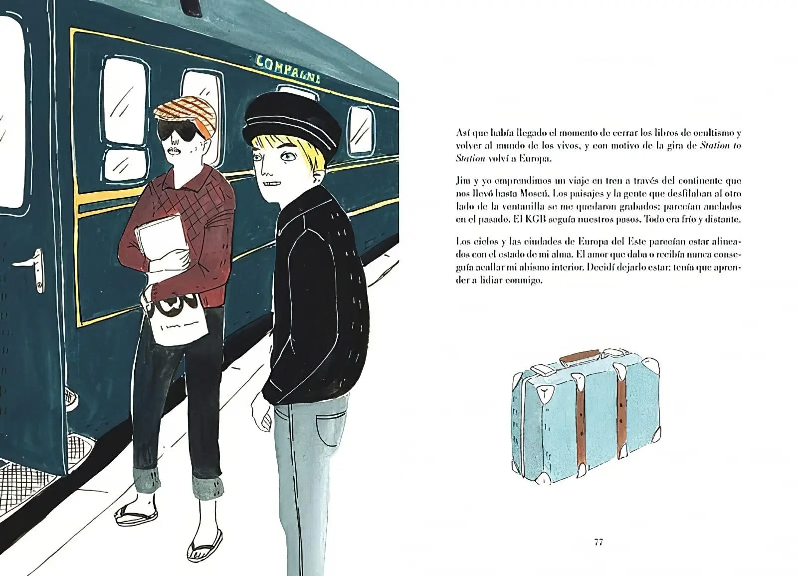 Dos hombres en un andén junto a un tren, con una maleta azul en la parte inferior.
