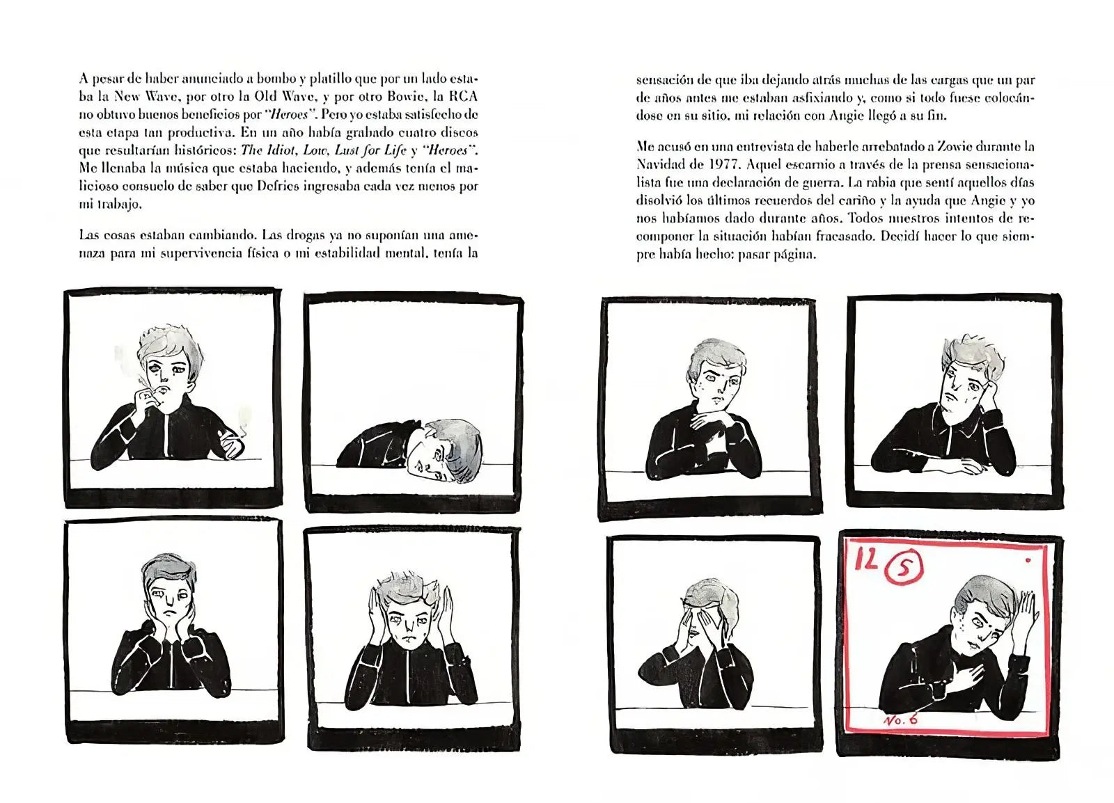 Una página de libro con texto en español y ocho ilustraciones de un hombre.