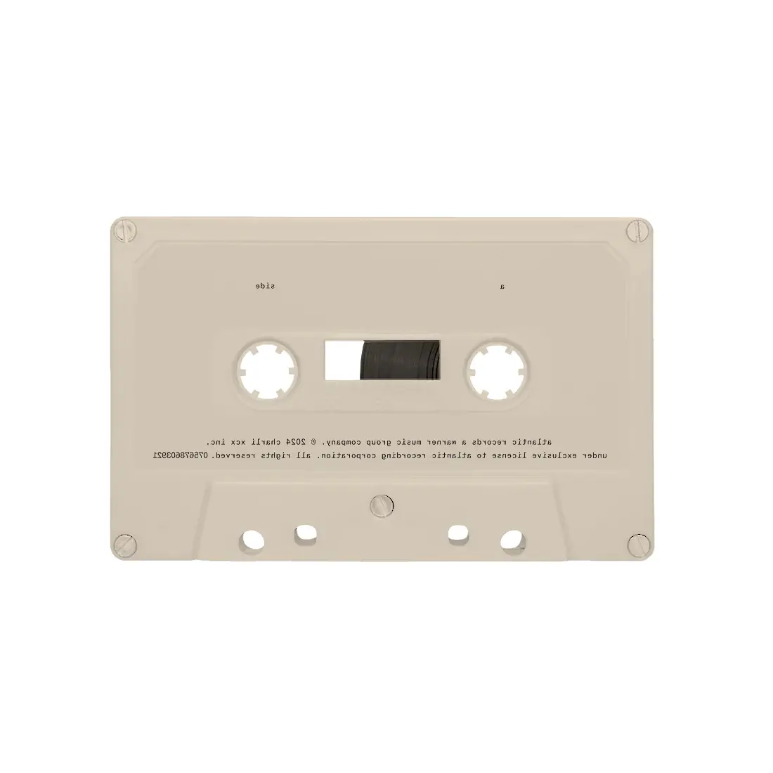 A beige cassette tape with "side" and "a" printed on it, showing the magnetic tape.