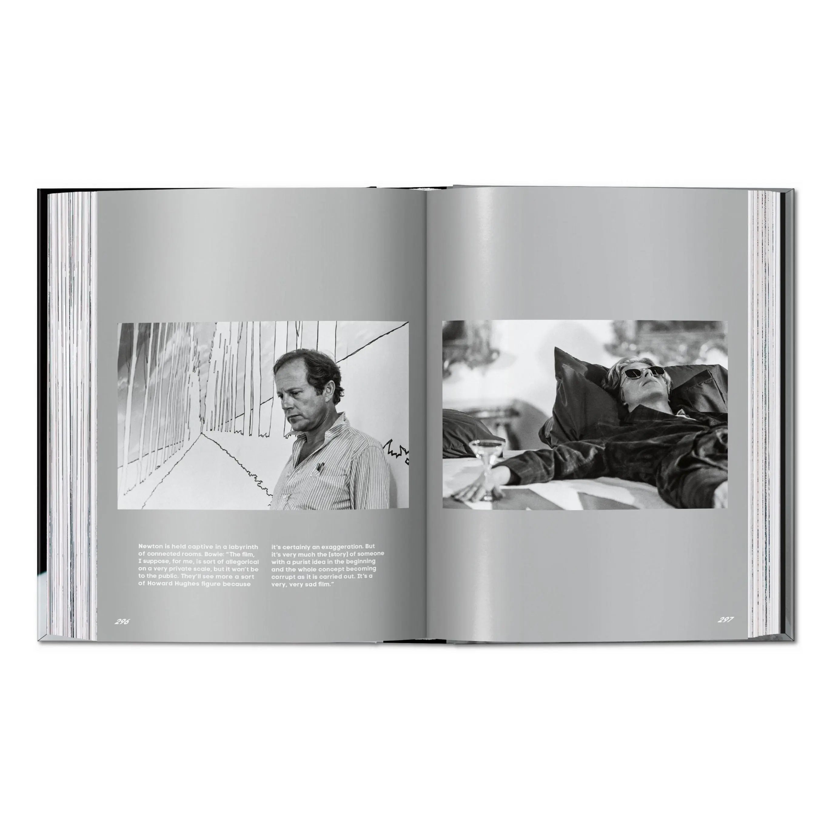 An open book displays two black and white photos from "The Man Who Fell to Earth."