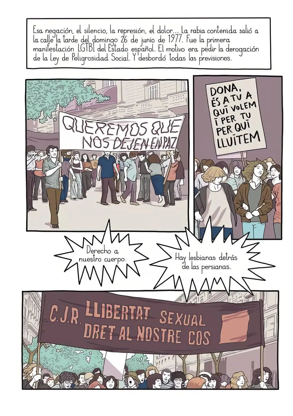 Una página de cómic que muestra tres escenas de protestas callejeras y texto explicativo.