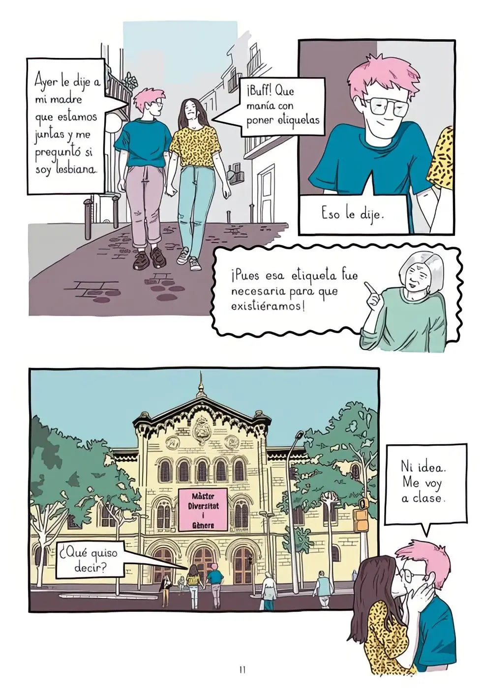 Una página de cómic con dos paneles que muestran a una pareja de mujeres y una universidad.