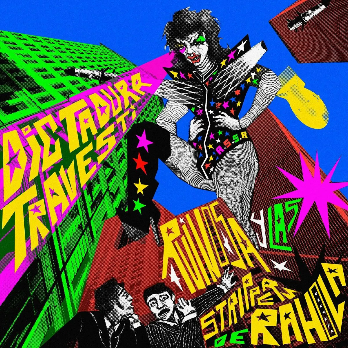 Una figura de drag queen con estrellas de colores domina un paisaje urbano vibrante.