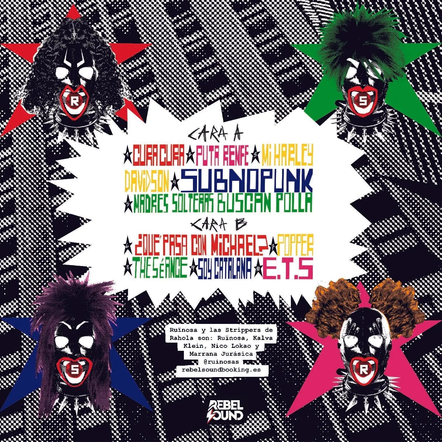 Un cartel de música punk con cuatro figuras enmascaradas y una lista de canciones.
