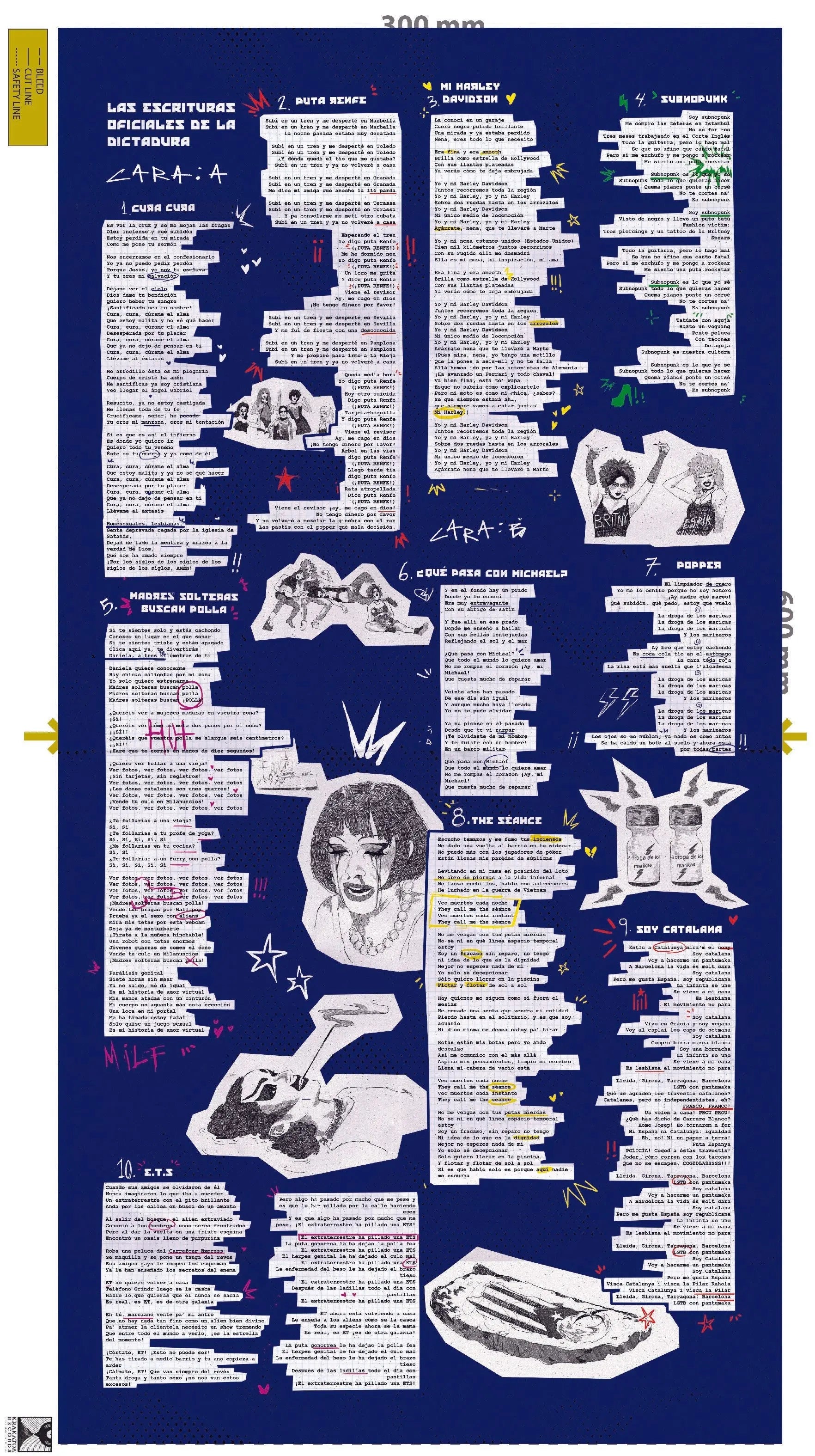 Un póster con letras de canciones y dibujos en un fondo azul oscuro.