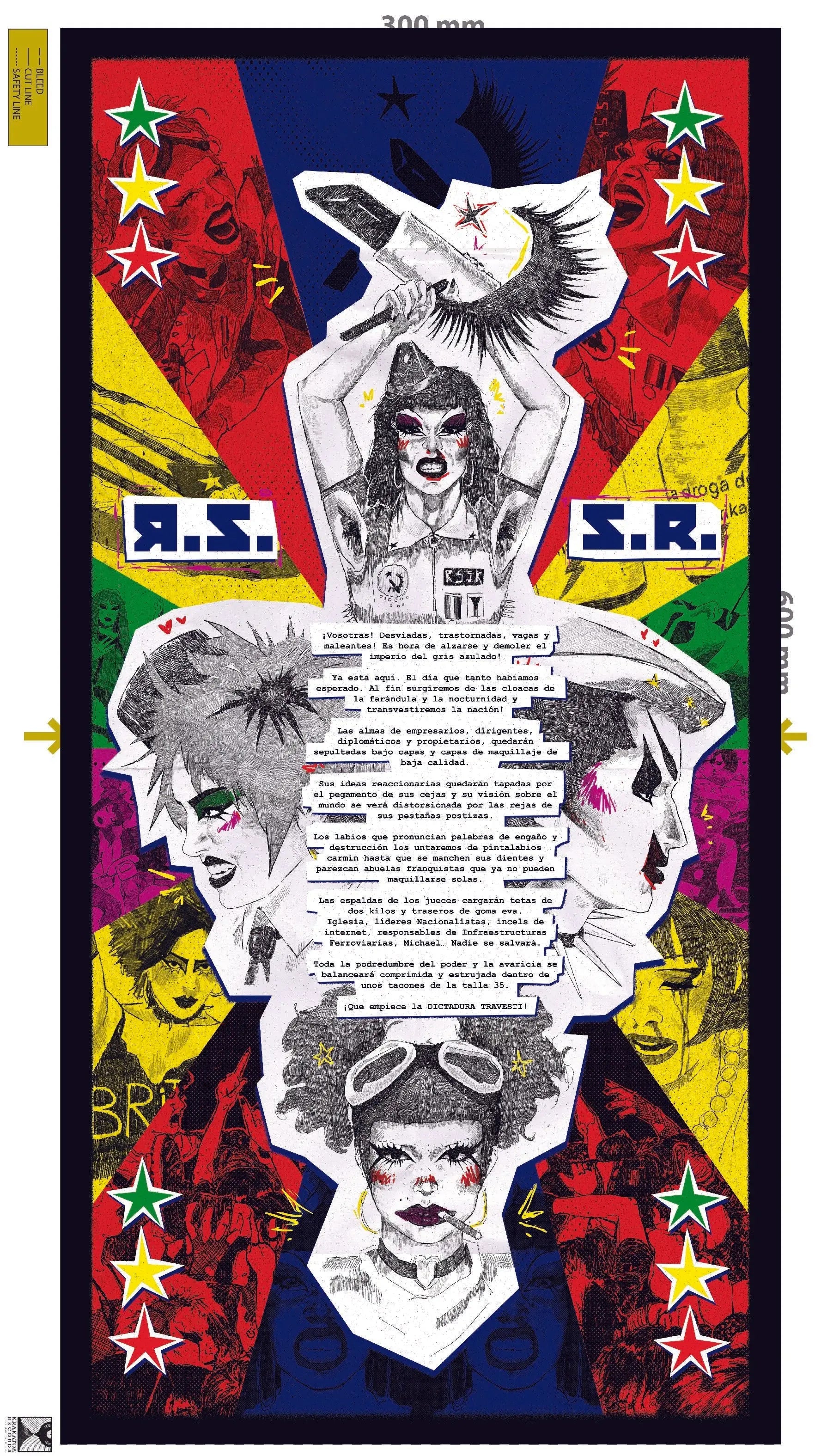 Un póster de 60x30 cm con ilustraciones de estilo cómic y letras de canciones.