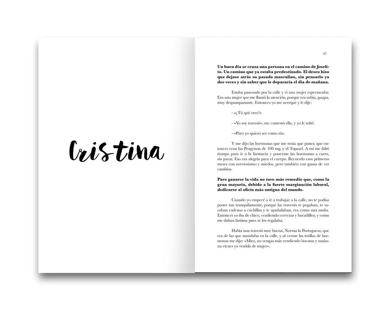 Una página de libro con el nombre "Cristina" en cursiva y texto en español.