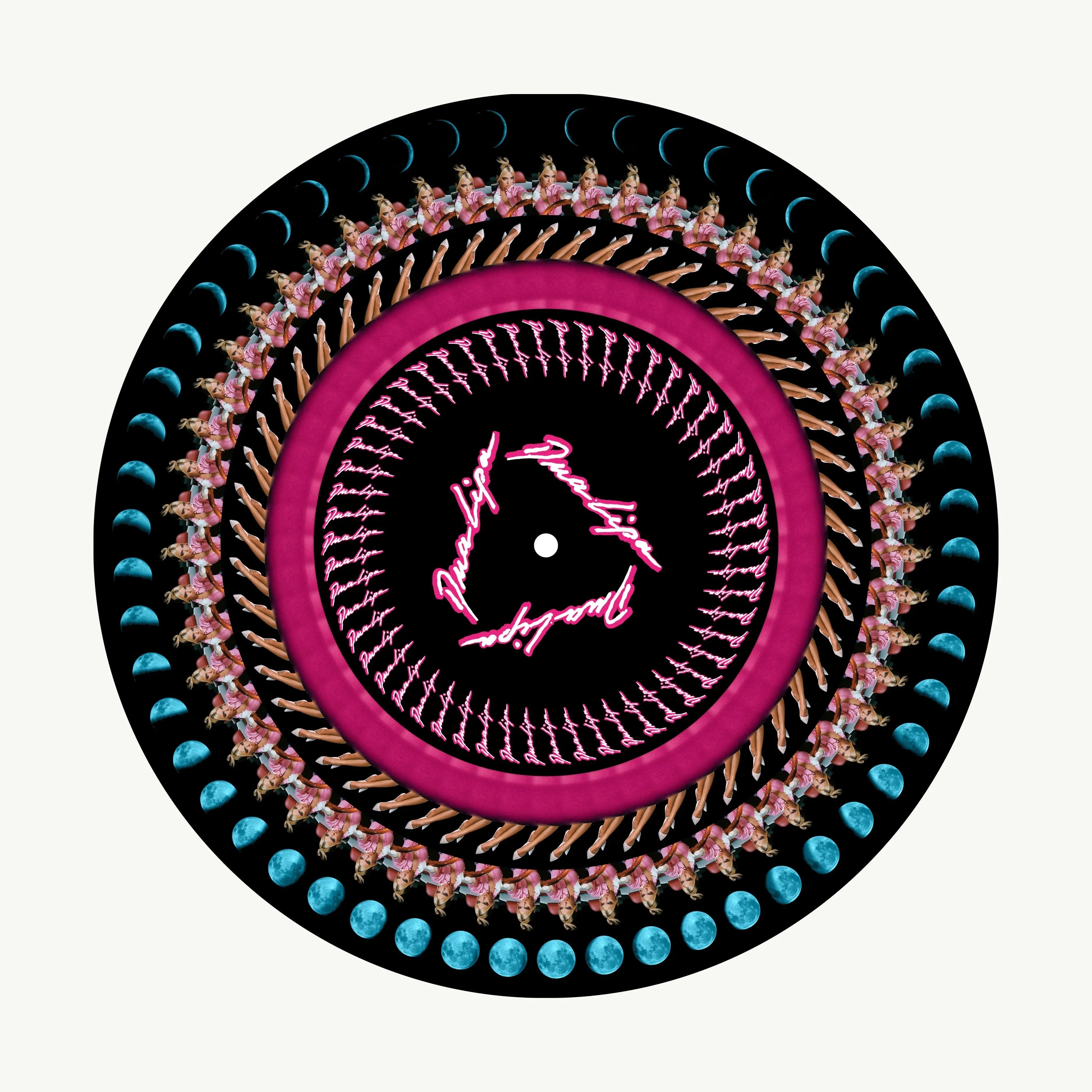 Un disco de vinilo zoótropo de Dua Lipa con un diseño circular de lunas y figuras.
