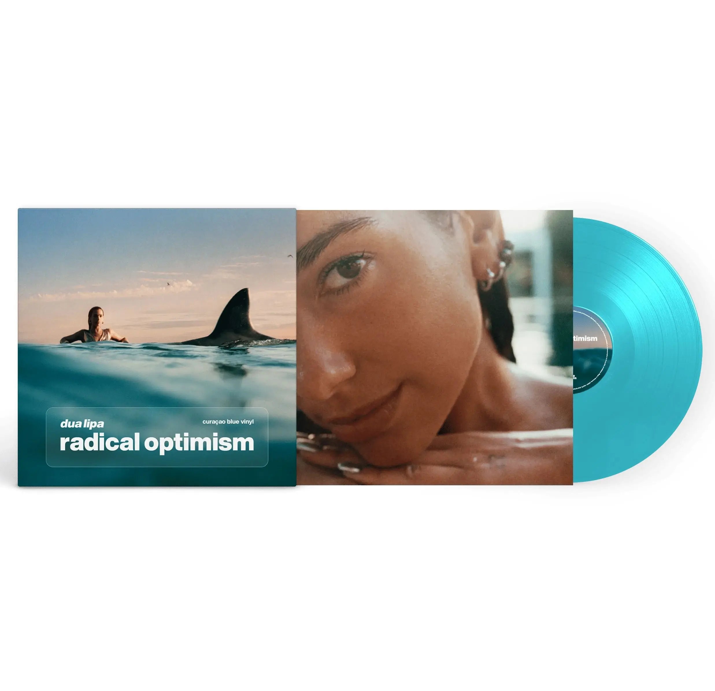 Vinilo azul claro de Dua Lipa "Radical Optimism" con portada de la artista.