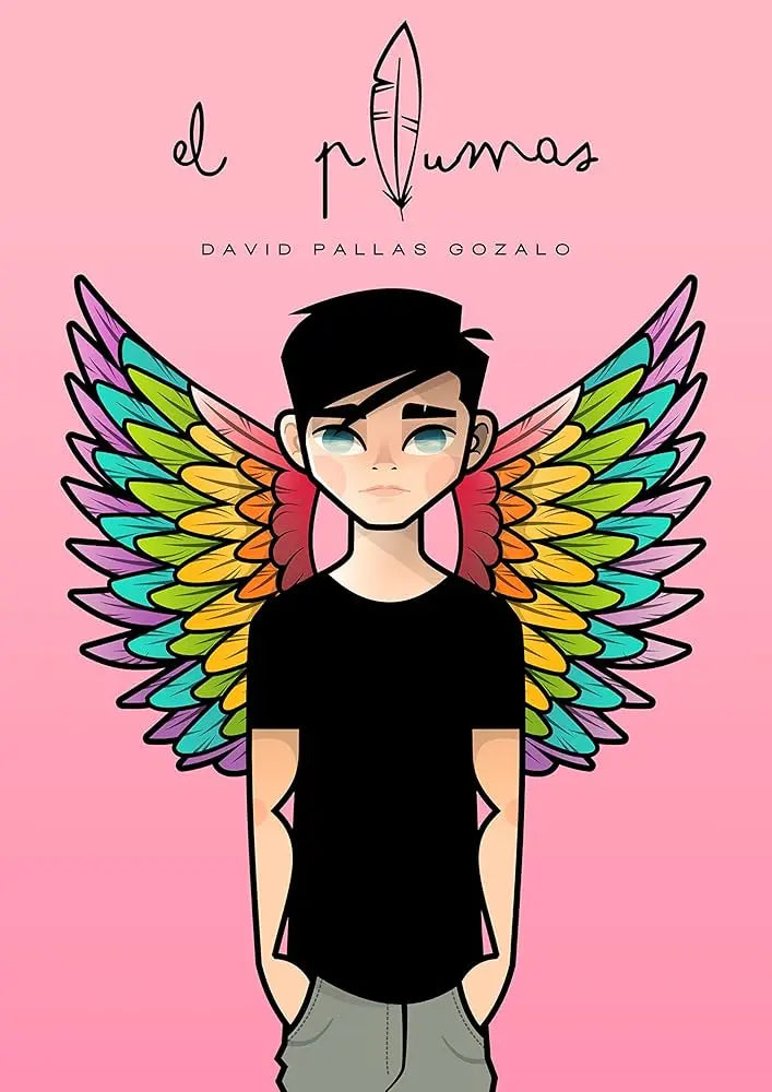 Un libro con un chico de cabello oscuro y alas de plumas de colores sobre un fondo rosa.