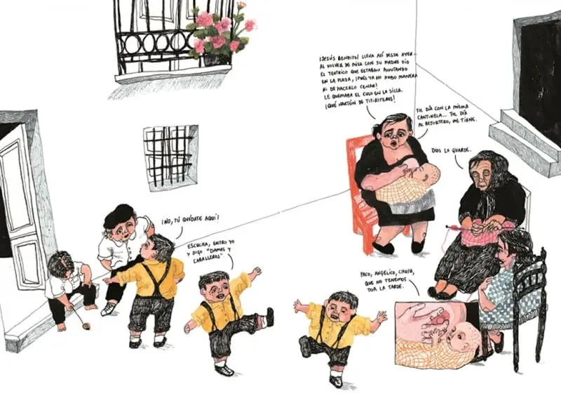 Una ilustración de estilo cómic que muestra a niños jugando y adultos conversando en un patio.