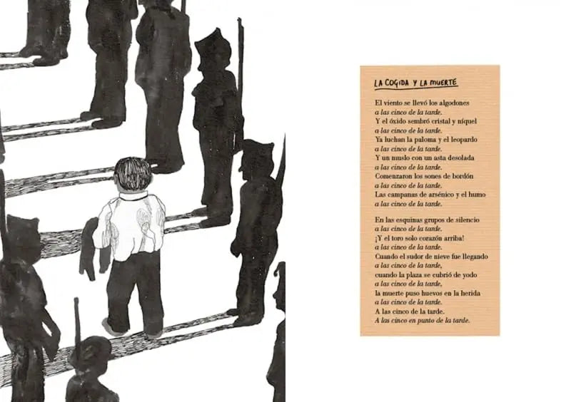 Una ilustración de un niño entre siluetas oscuras y un poema en español.