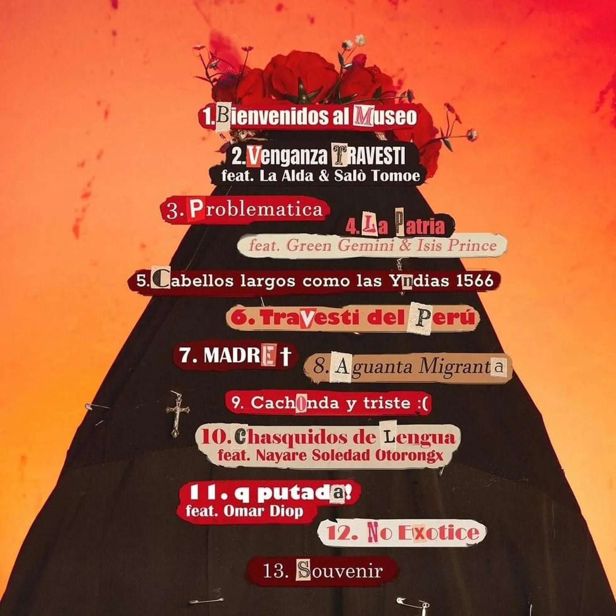 Lista de canciones del álbum "Travesti del Perú" sobre un fondo naranja y negro.