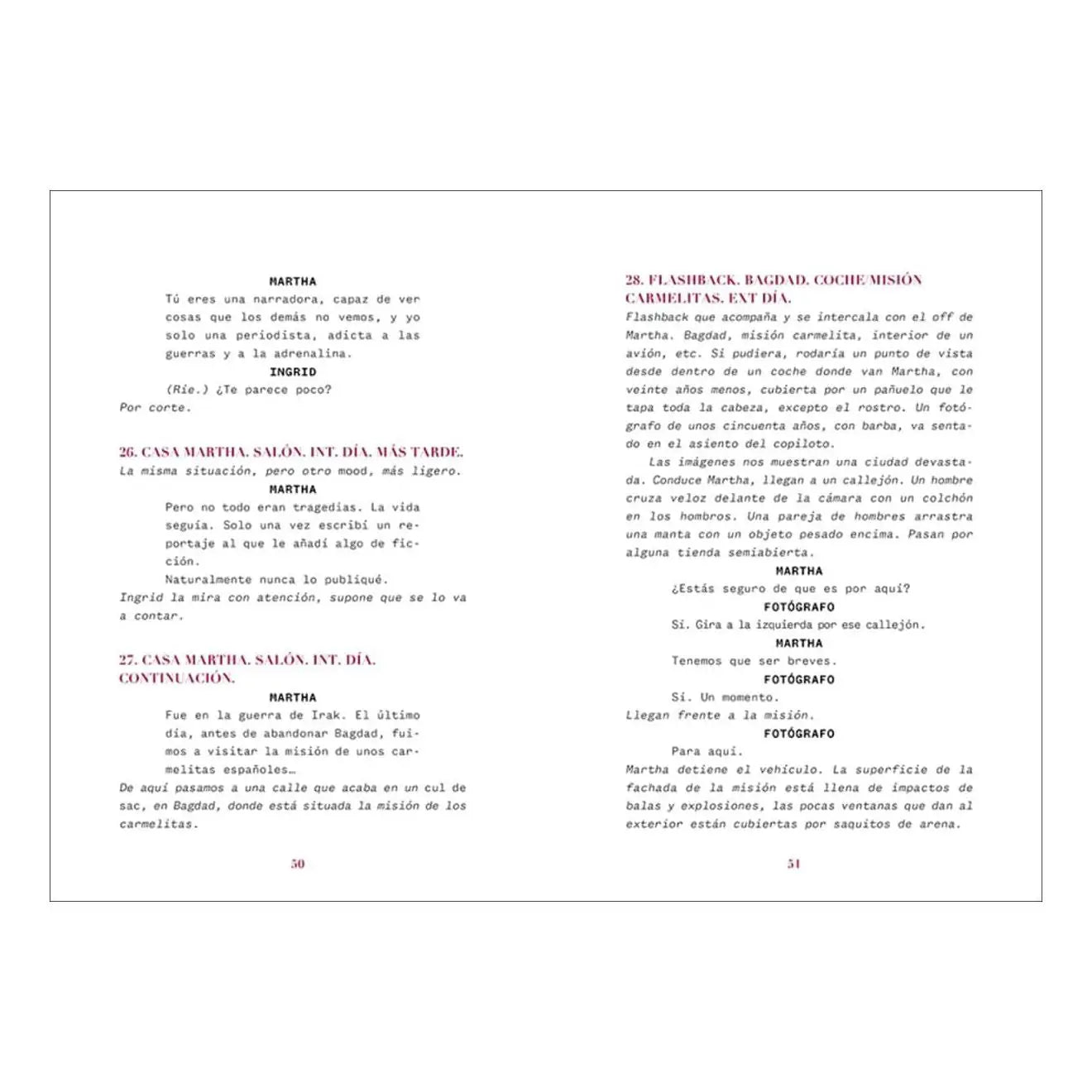 Una página de guion en español con texto en dos columnas y números de página 50 y 51.