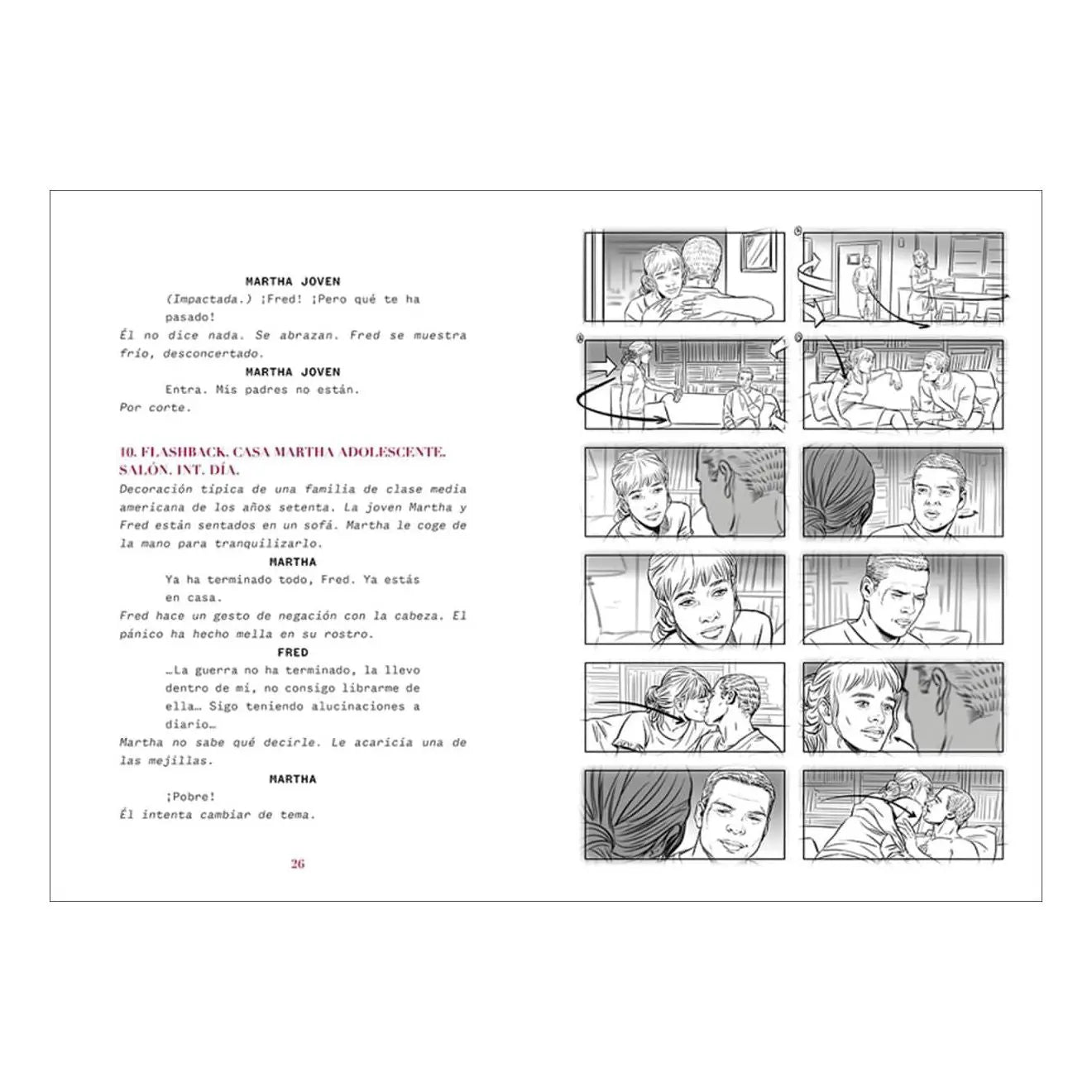 Una página de guion con texto en español y un storyboard en blanco y negro.
