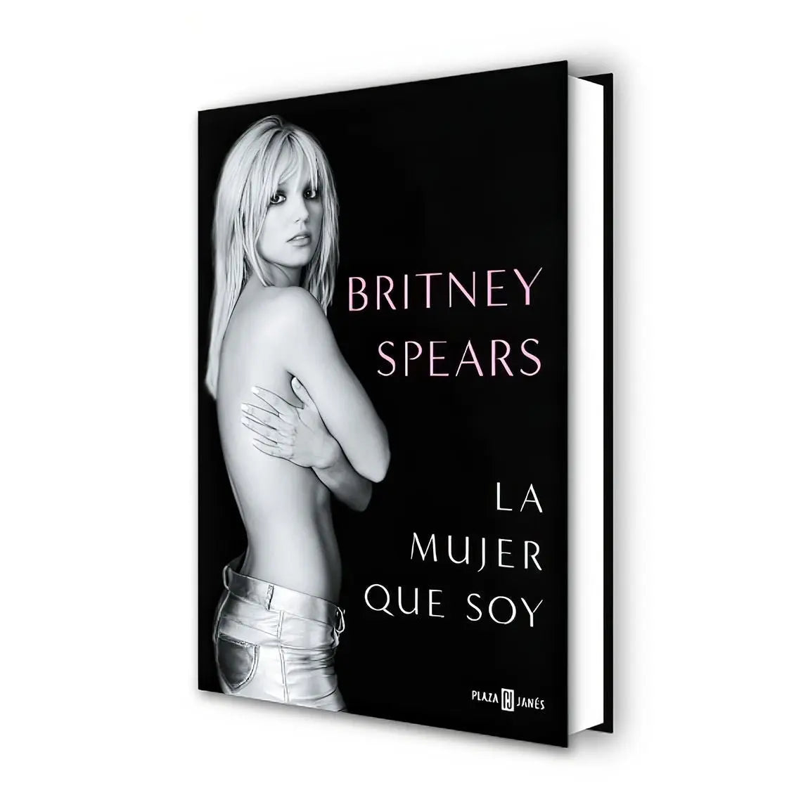 Un libro de tapa dura de Britney Spears, "La mujer que soy", con una foto en blanco y negro de ella.