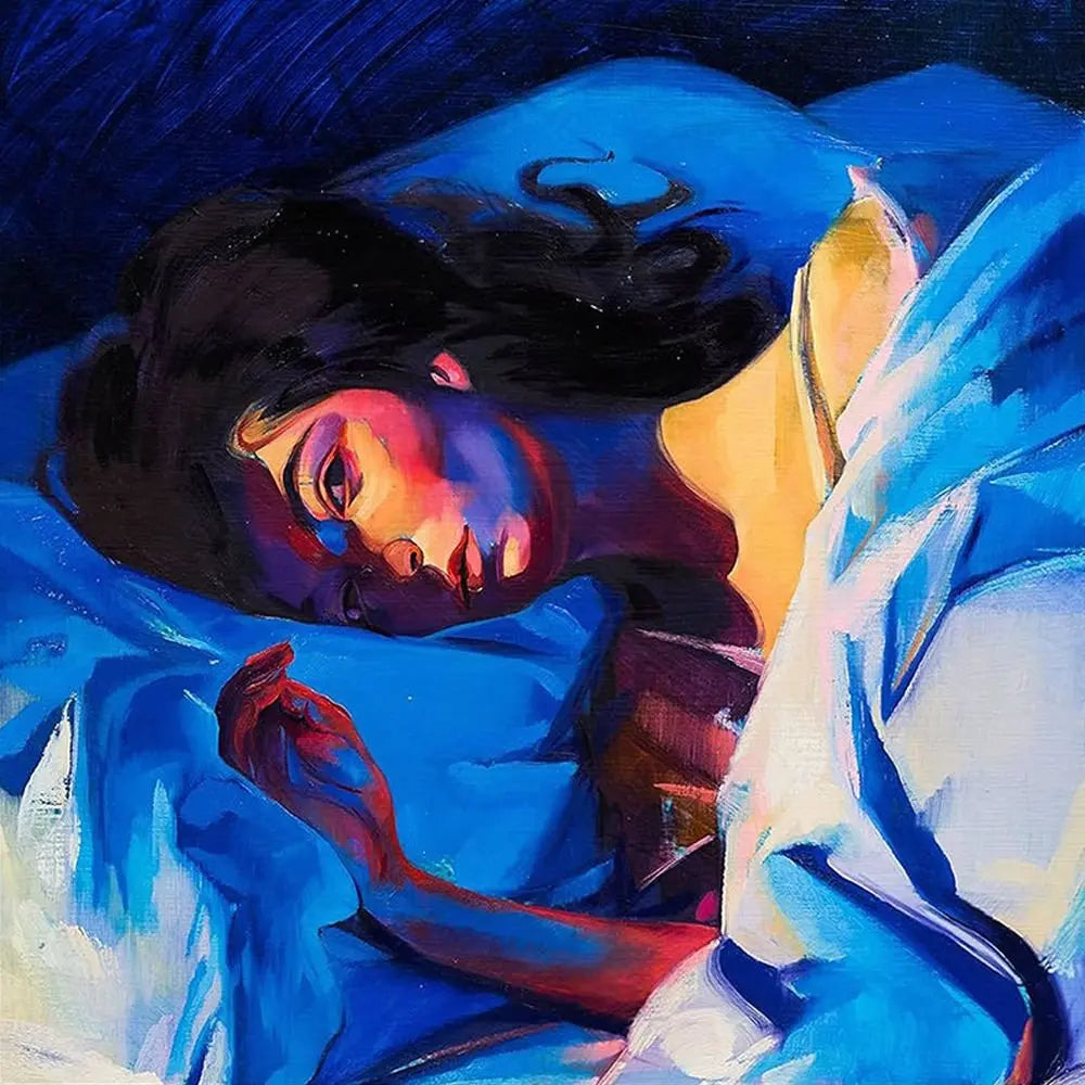 Pintura de una mujer acostada en la cama, con la cara iluminada por luces de colores.