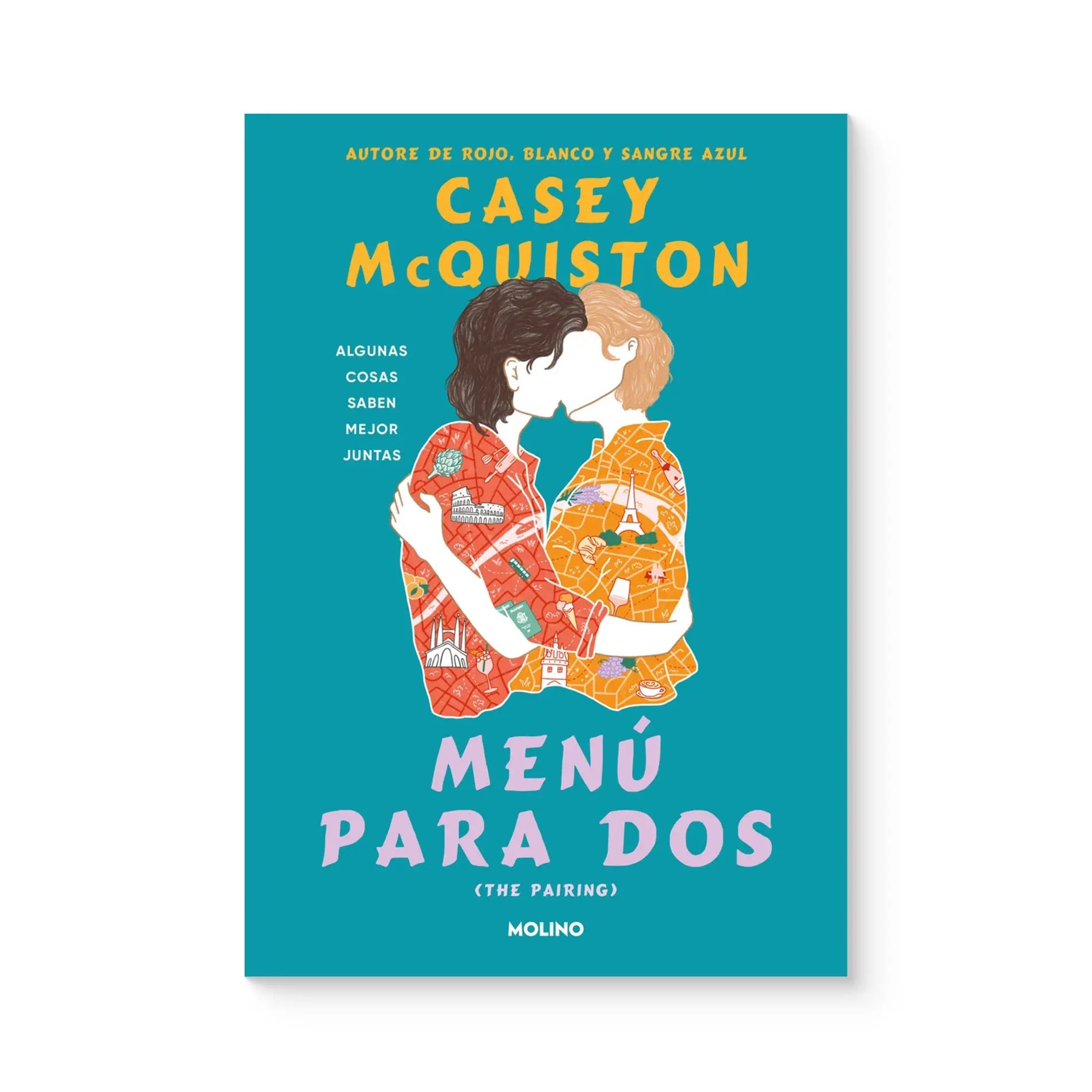 Una portada de libro azul turquesa con dos personas besándose y texto en español.