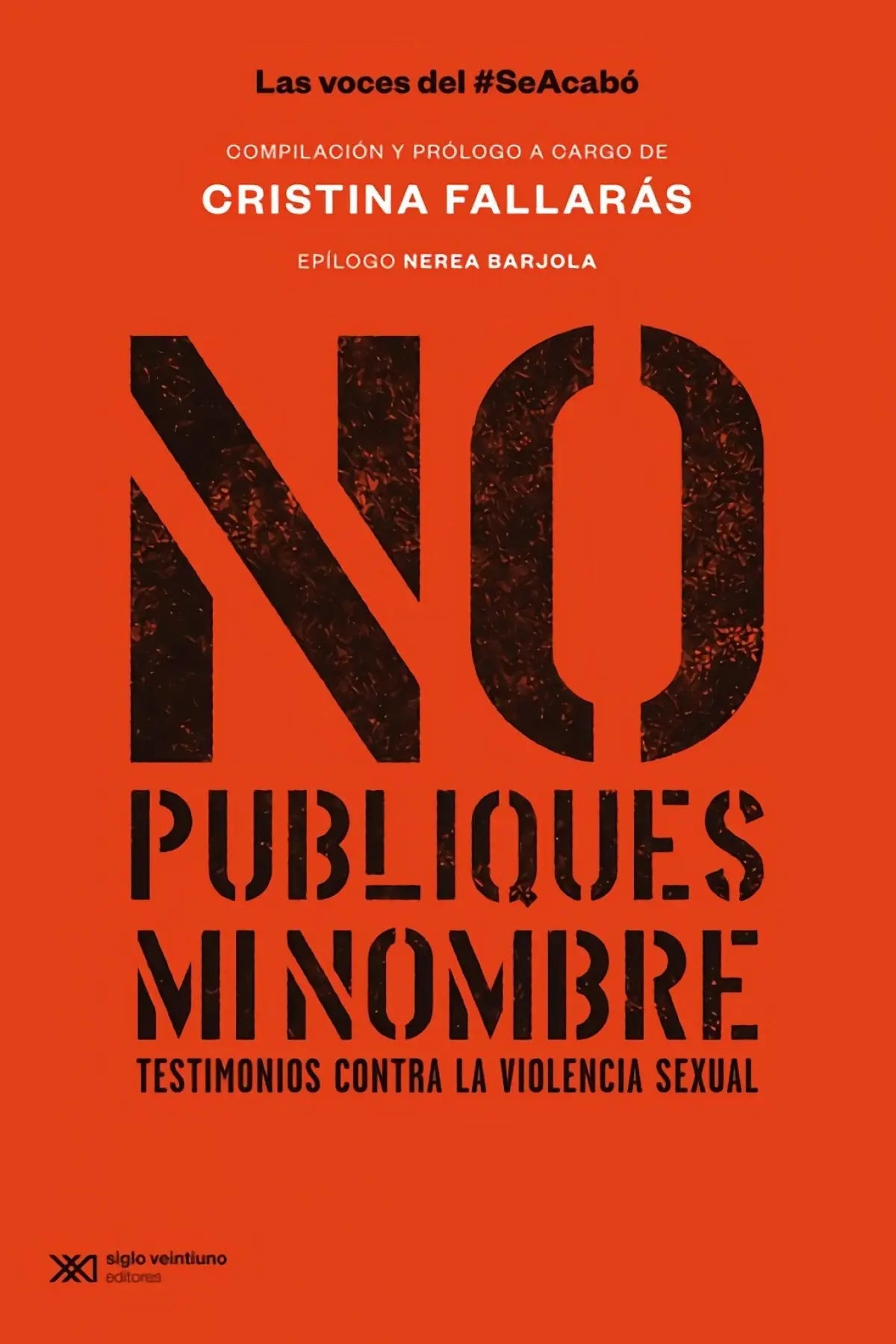 Libro "No publiques mi nombre" con letras negras sobre fondo naranja.