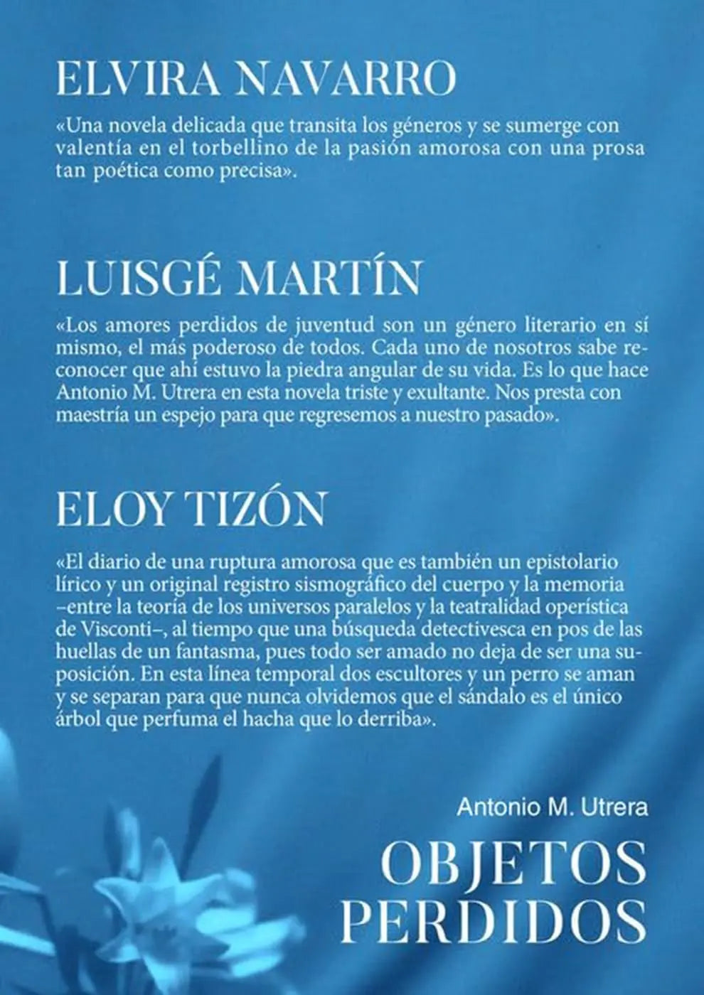 Una portada de libro azul con texto blanco y una flor blanca en la esquina inferior izquierda.