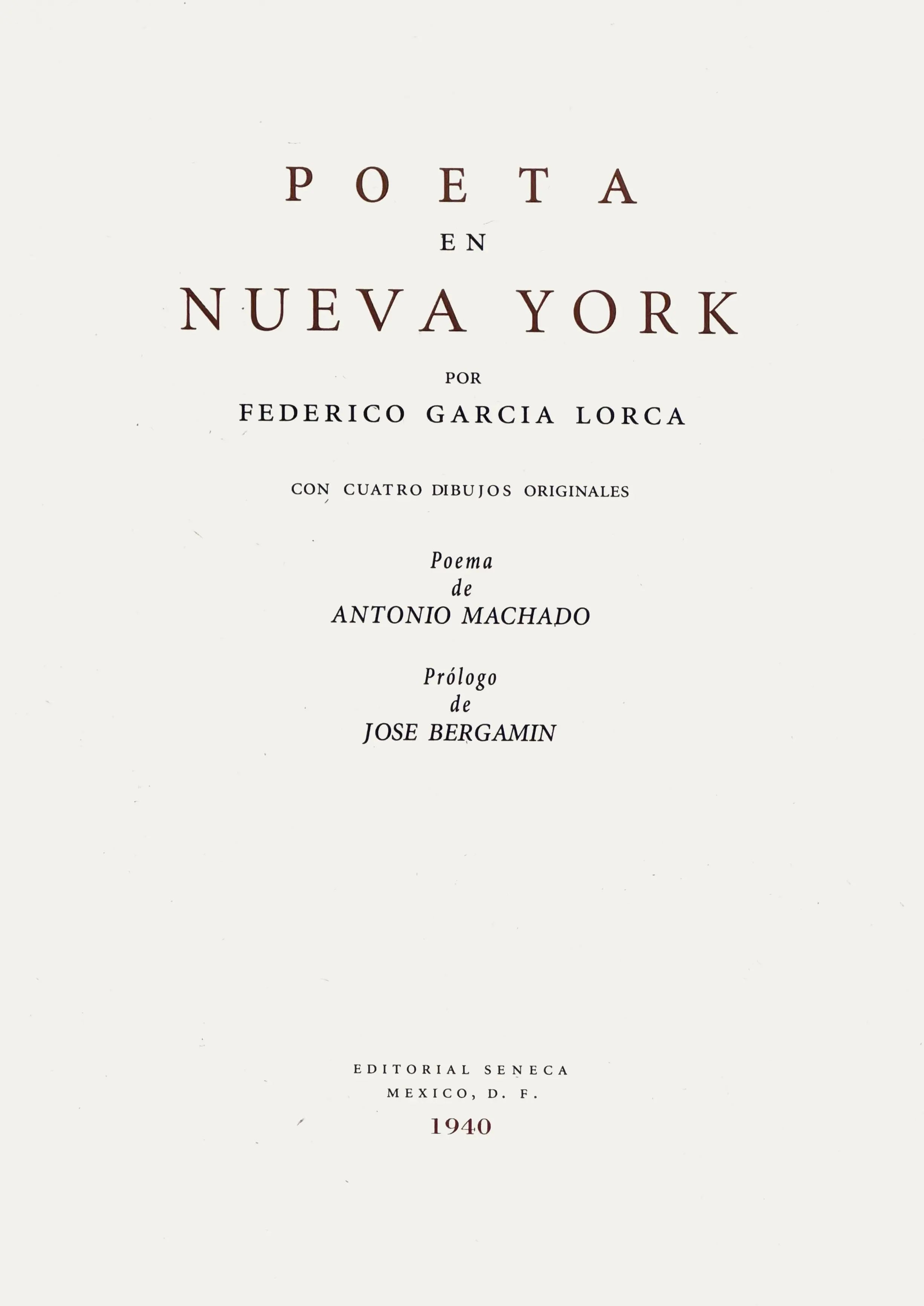 La portada del libro "Poeta en Nueva York" de 1940, con texto en marrón sobre fondo claro.