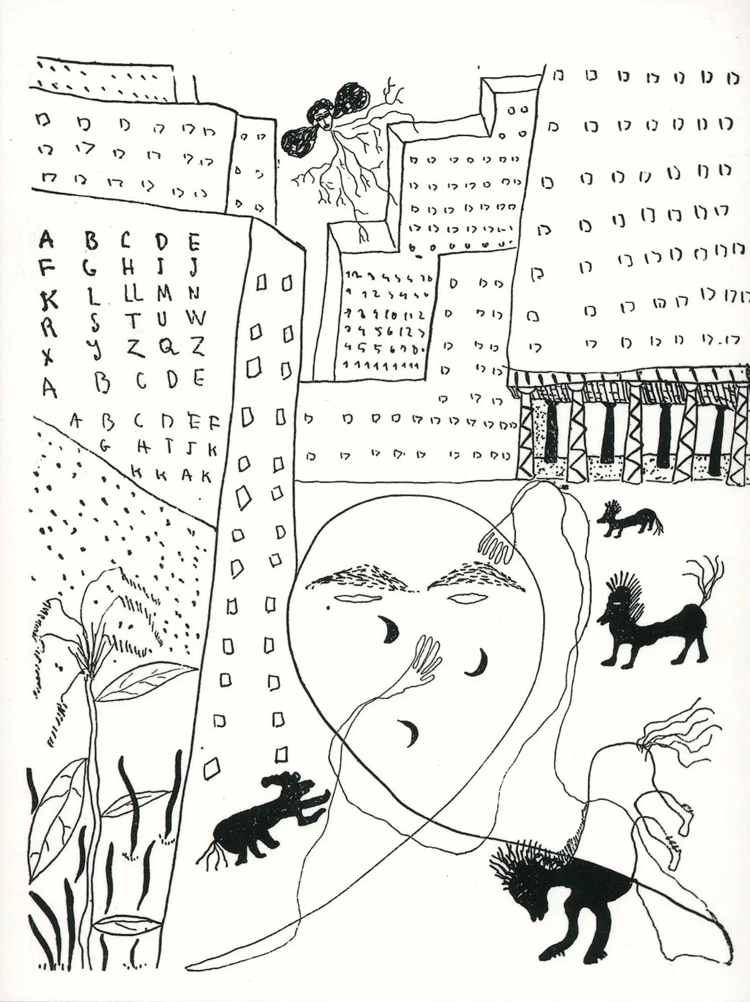 Dibujo en blanco y negro con edificios, letras, números, una cara y figuras animales.
