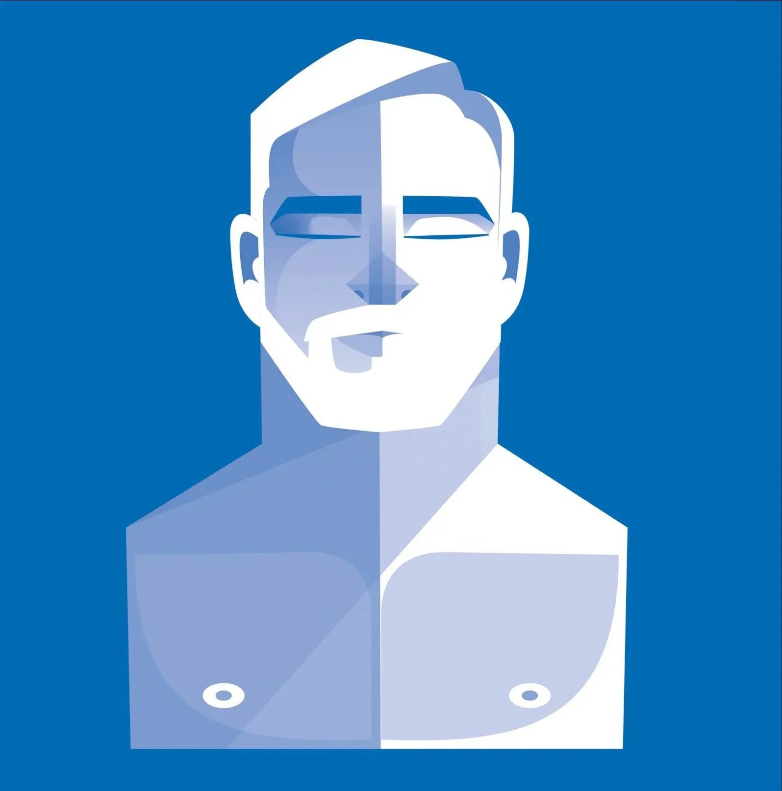 Ilustración de un hombre con barba y torso desnudo en tonos azules.