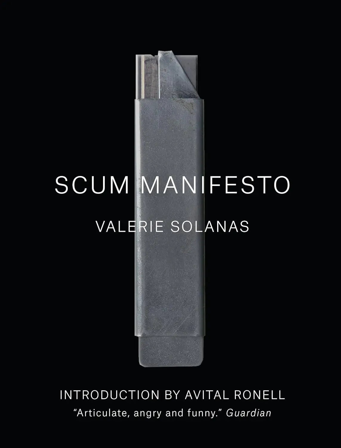 A book cover for "SCUM Manifesto" by Valerie Solanas, featuring a gray utility knife.