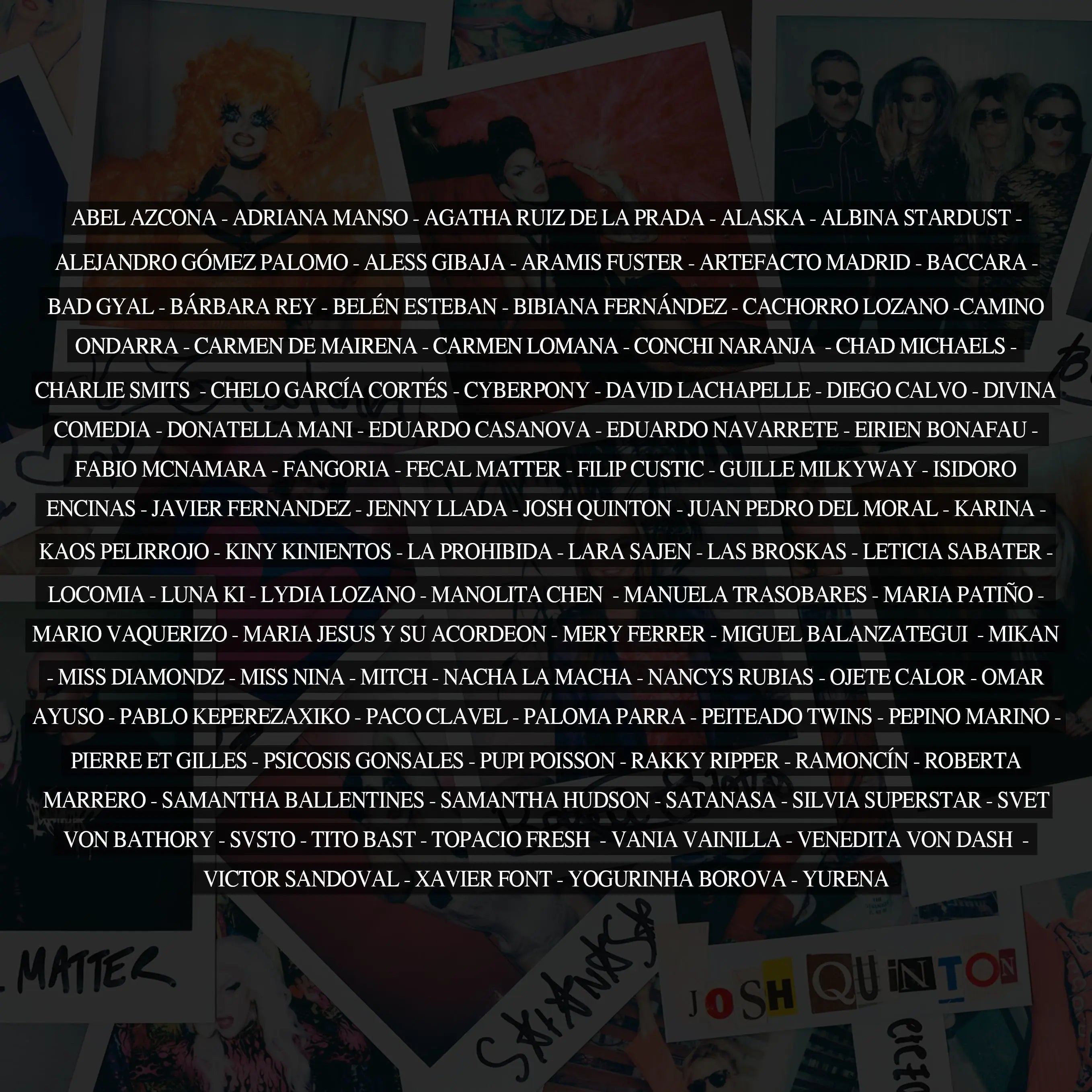 Una imagen de texto con una lista de nombres de artistas y celebridades.