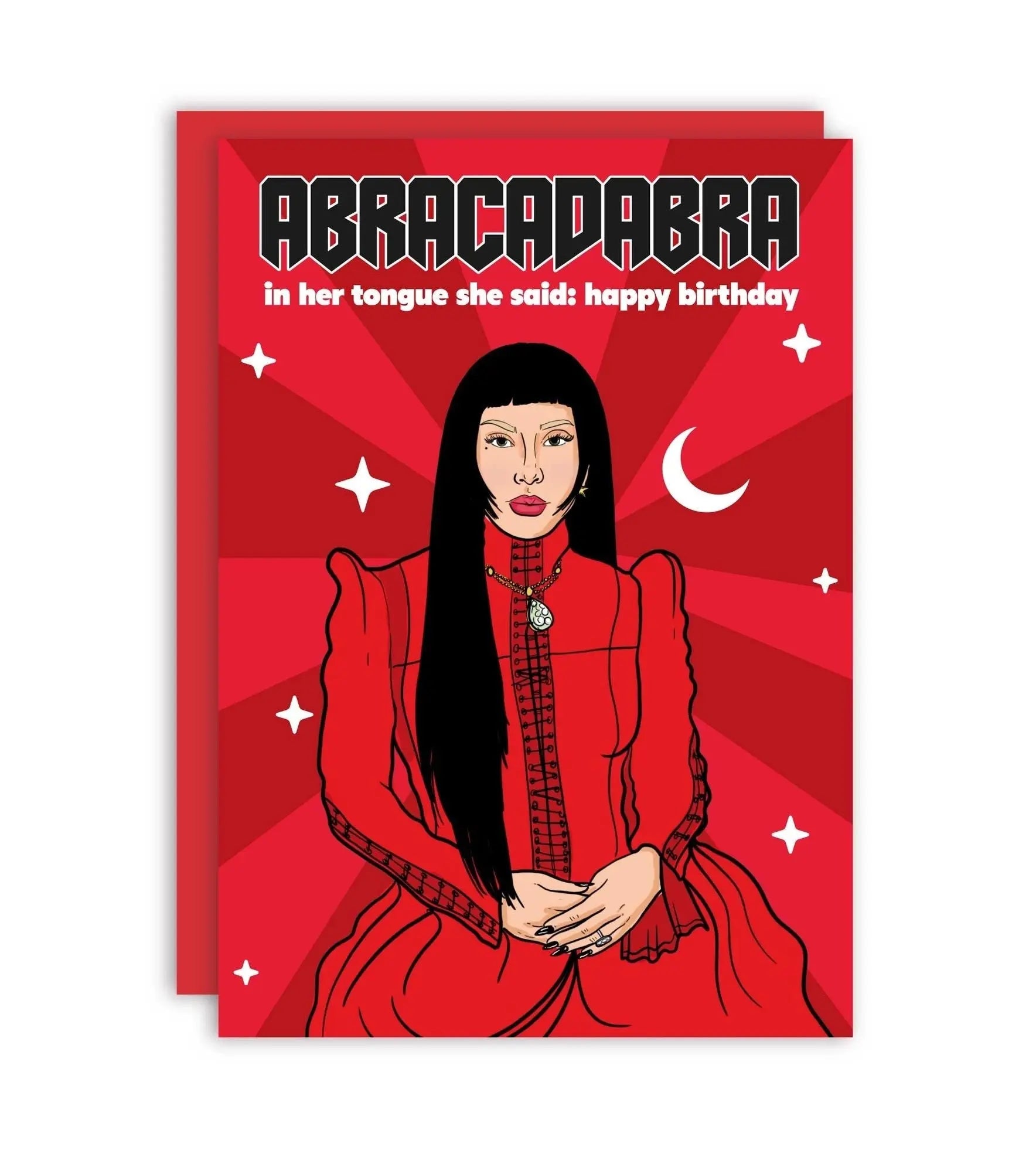 Tarjeta de felicitación de Lady Gaga con la frase "Abracadabra" y un dibujo de la artista.
