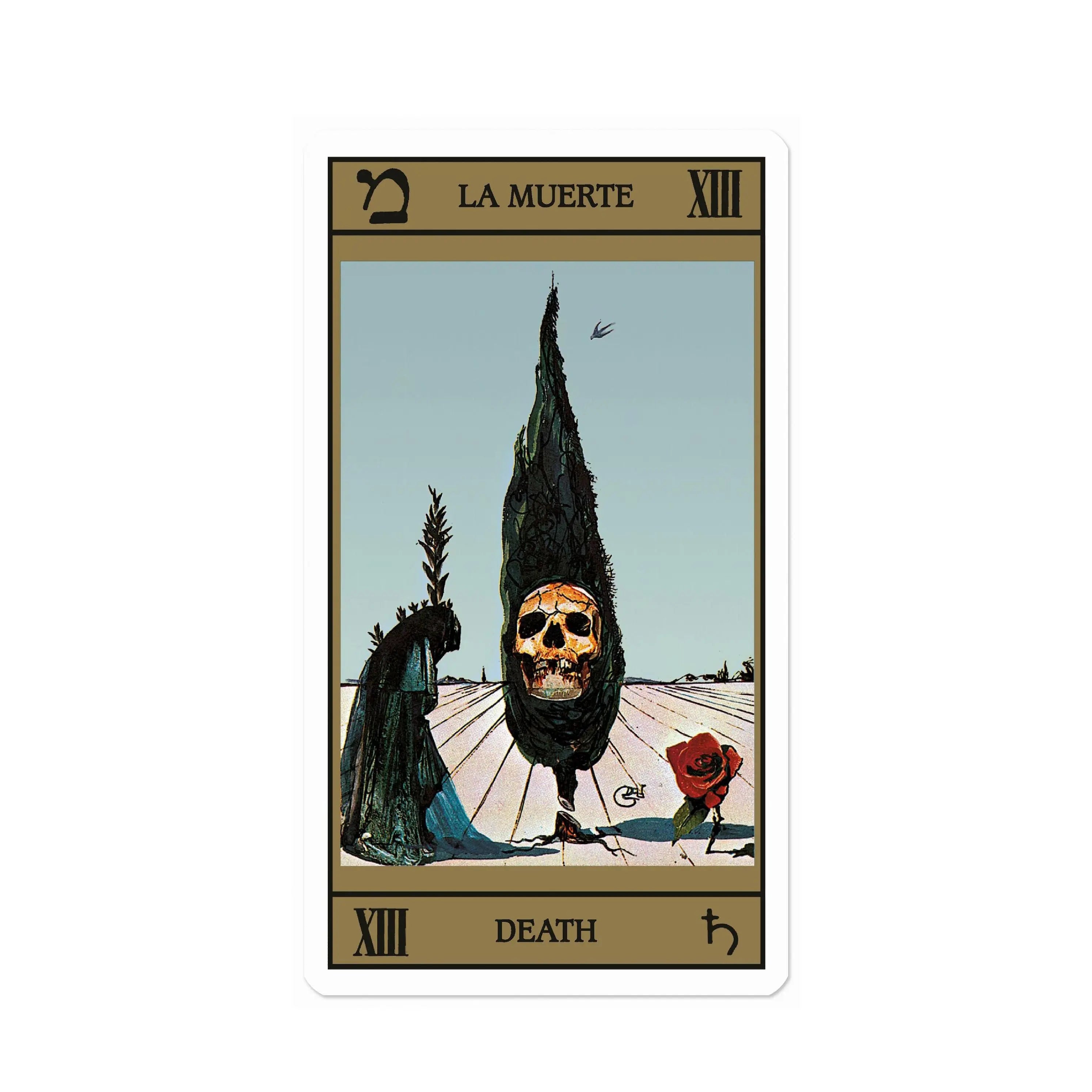 Una carta de tarot de la Muerte de Salvador Dalí con un cráneo en un árbol.