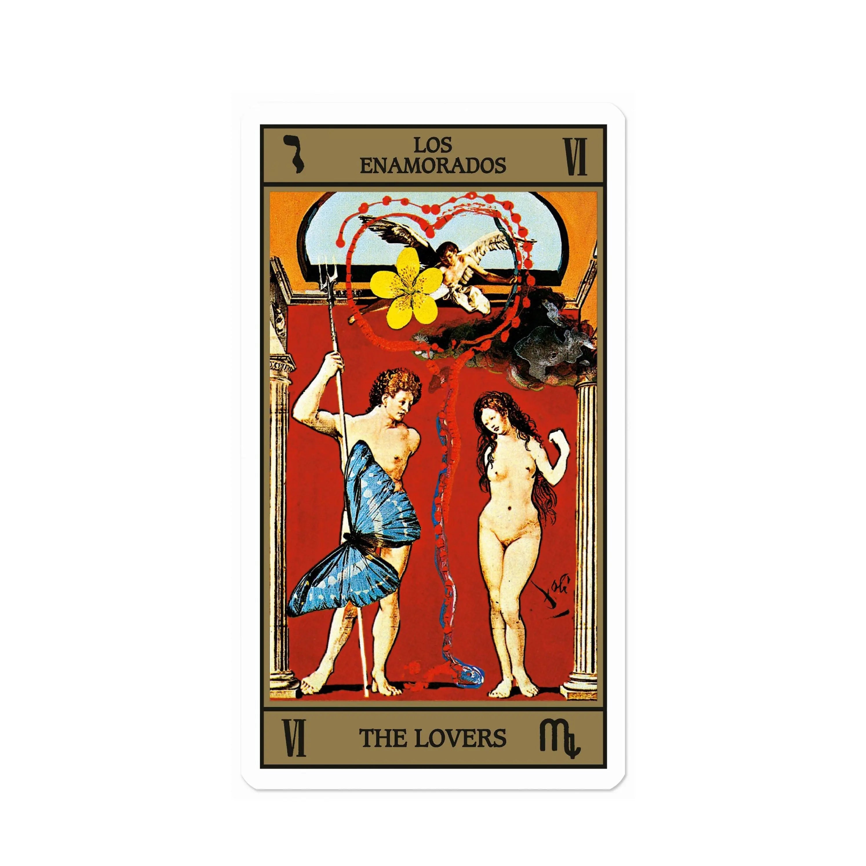 Una carta de tarot de Salvador Dalí que representa a "Los Enamorados".